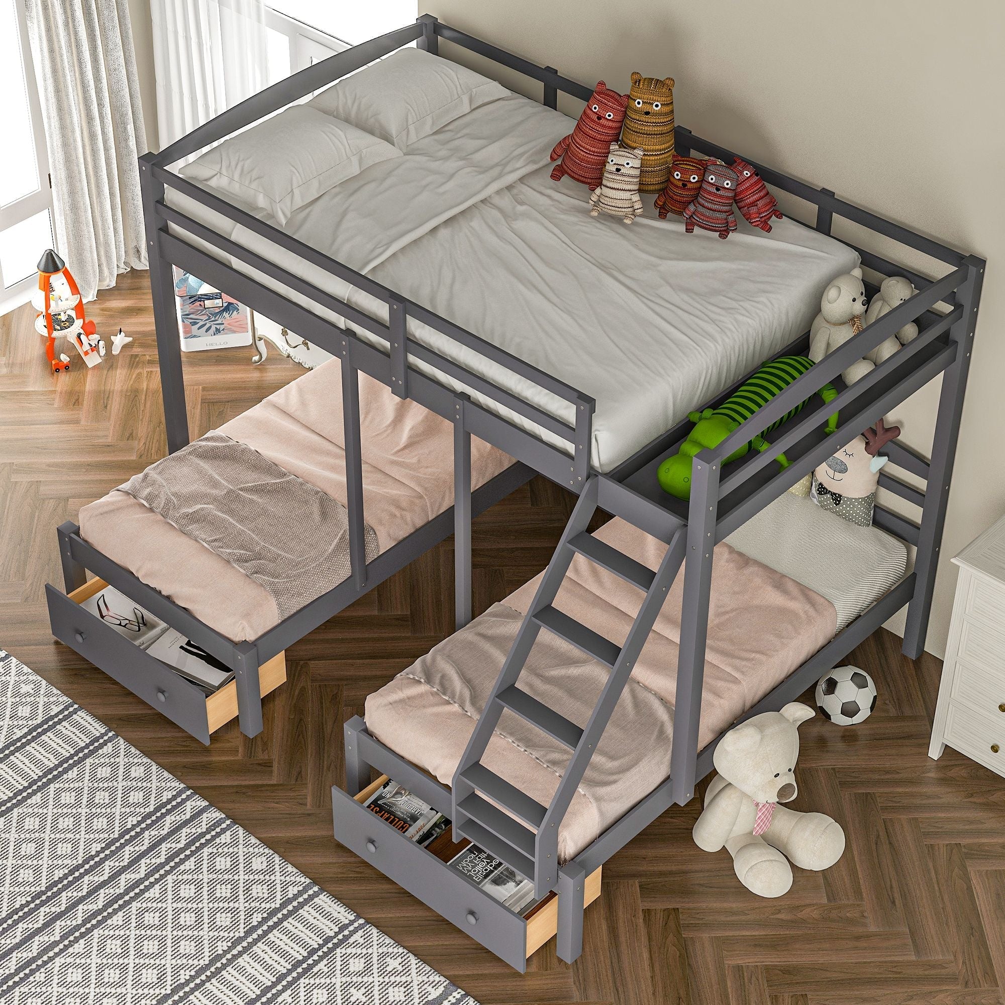 Triple Kids Shared Room Full Over Twin Over Twin Wood Bed with Storage Drawers, Gray | Just Better Bunk Beds