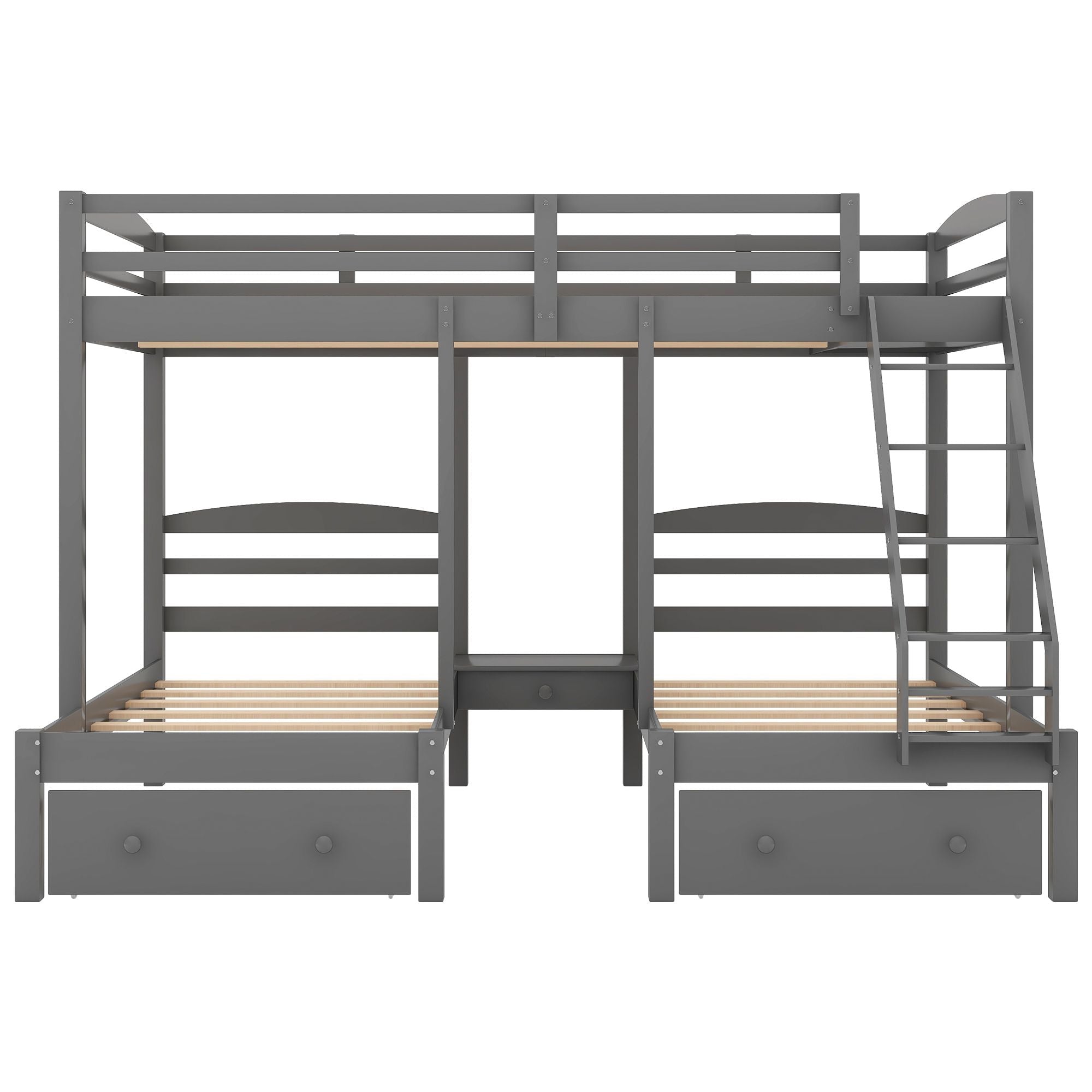 Triple Kids Shared Room Full Over Twin Over Twin Wood Bed with Storage Drawers, Gray | Just Better Bunk Beds
