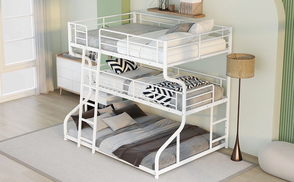 Triple Kids Shared Room Full XL Over Twin XL Over Queen Metal Bunk Bed with Two Ladders White | Just Better Bunk Beds