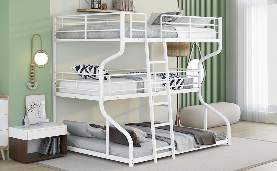 Triple Kids Shared Room Full XL Over Twin XL Over Queen Metal Bunk Bed with Two Ladders White | Just Better Bunk Beds