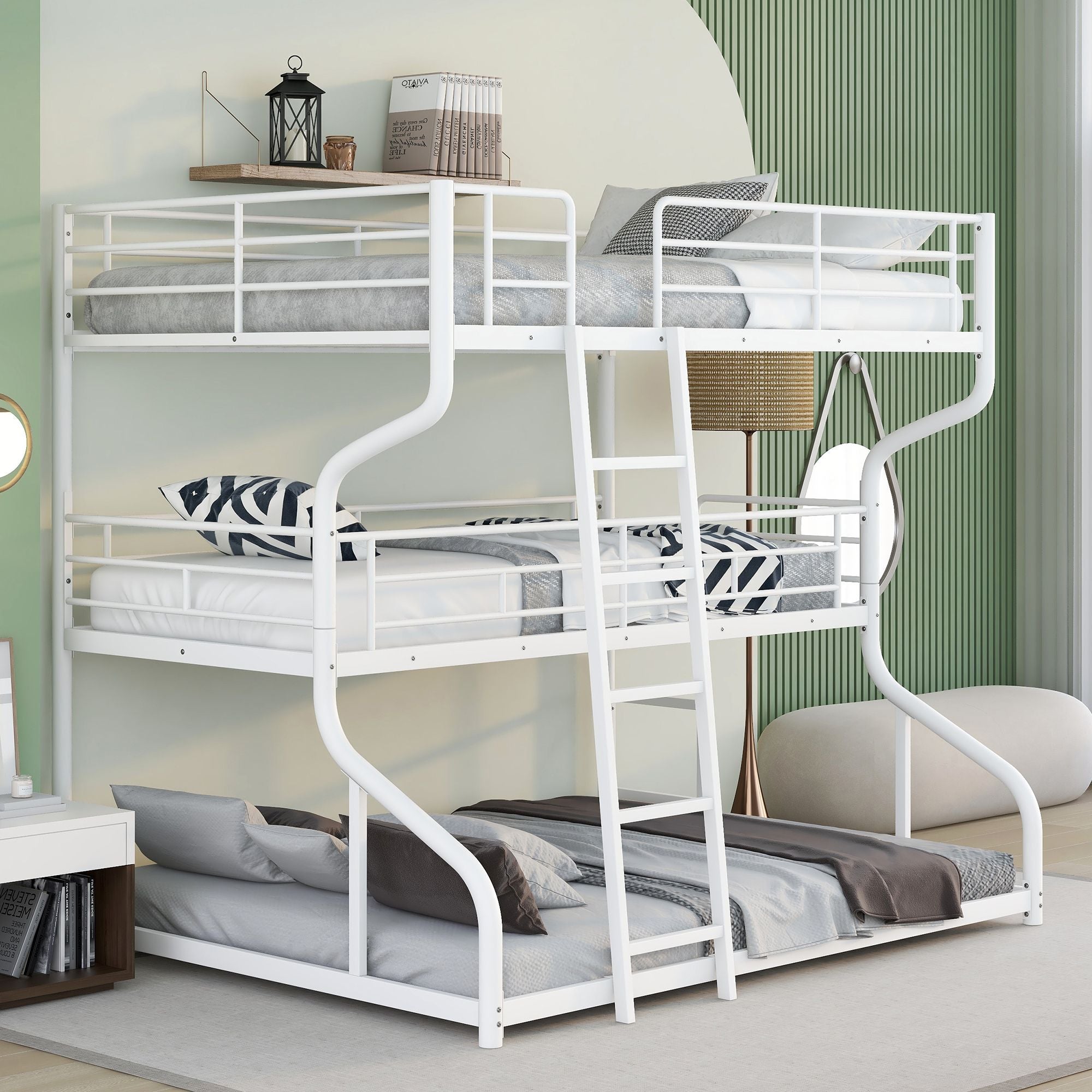 Triple Kids Shared Room Full XL Over Twin XL Over Queen Metal Bunk Bed with Two Ladders White | Just Better Bunk Beds