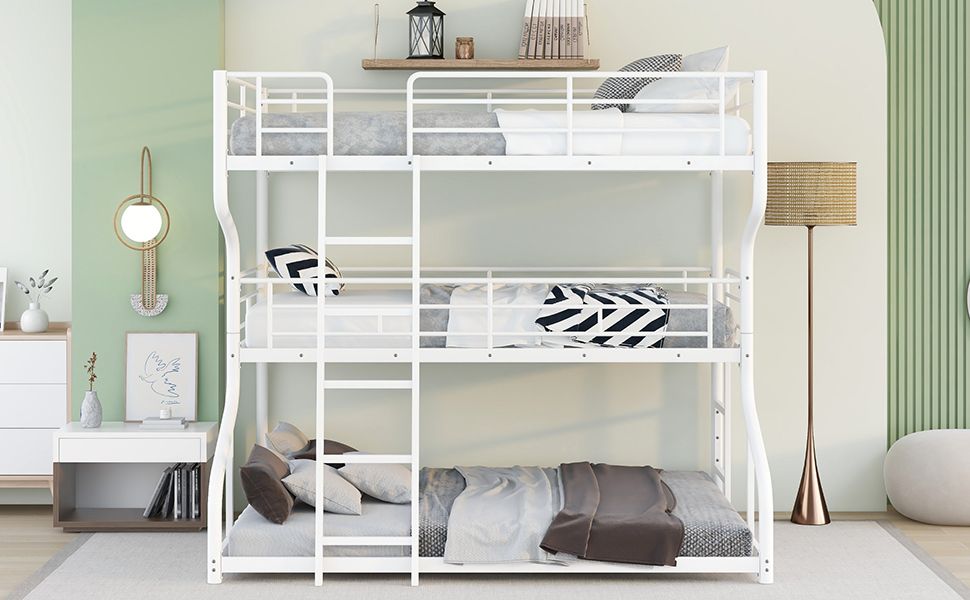 Triple Kids Shared Room Full XL Over Twin XL Over Queen Metal Bunk Bed with Two Ladders White | Just Better Bunk Beds
