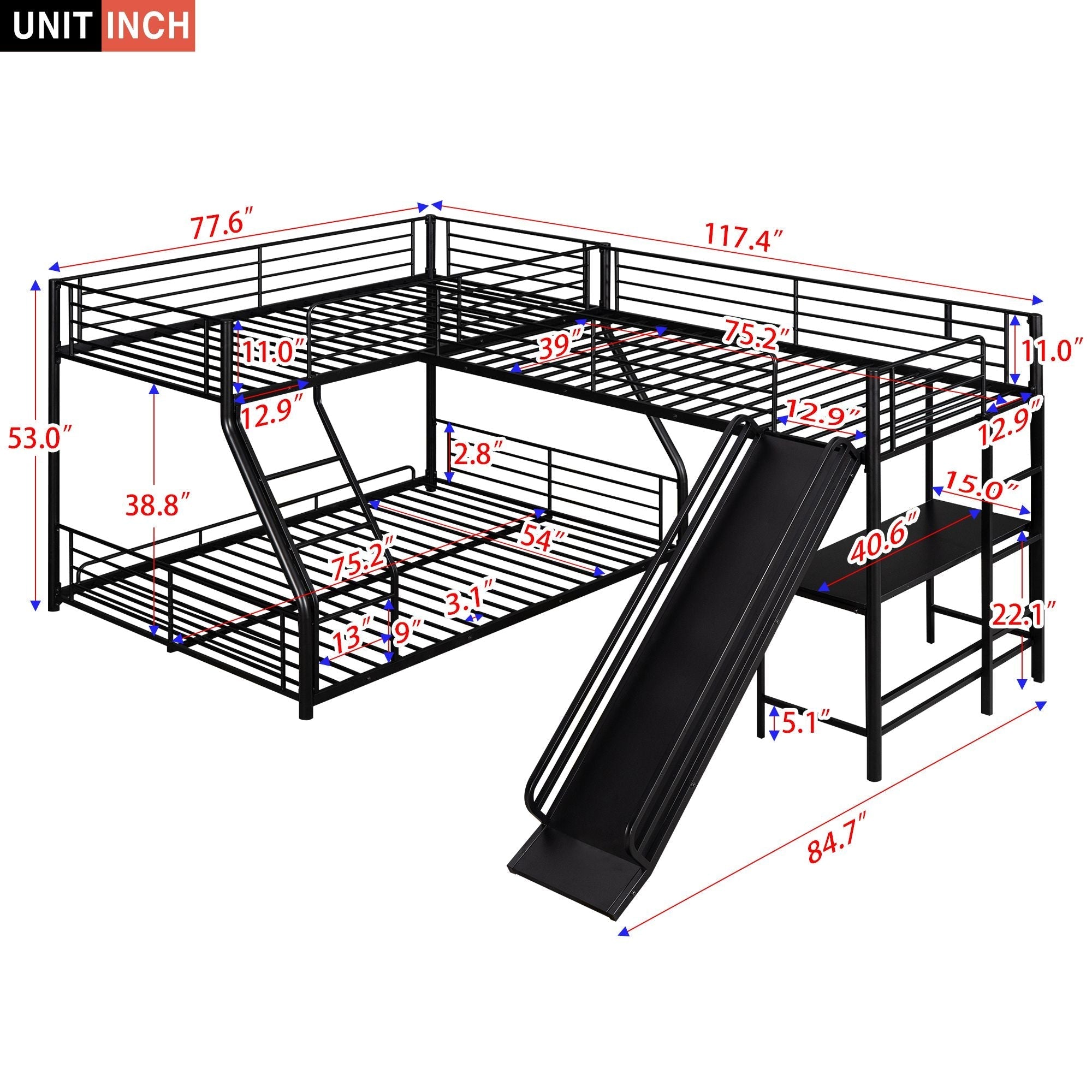 Triple Sleep L-Shaped Twin Over Full Bunk Bed with Twin Loft, Built-in Desk and Slide, Metal Black | Just Better Bunk Beds