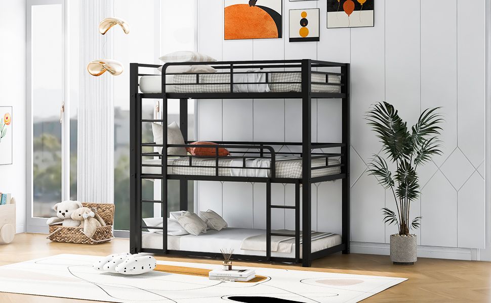 Triple Twin Over Twin Metal Bunk Bed with Storage Shelves, Silver | Just Better Bunk Beds