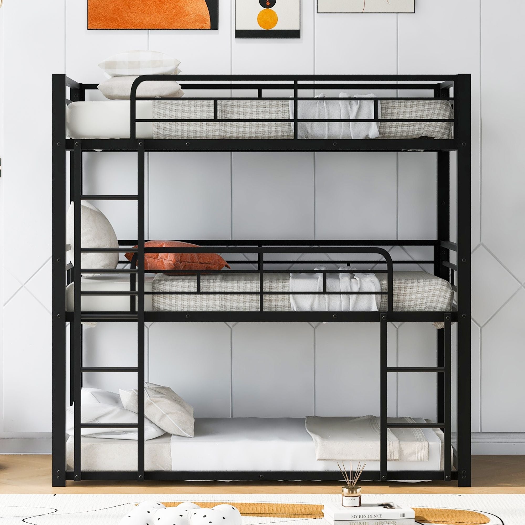 Triple Twin Over Twin Metal Bunk Bed with Storage Shelves, Silver | Just Better Bunk Beds