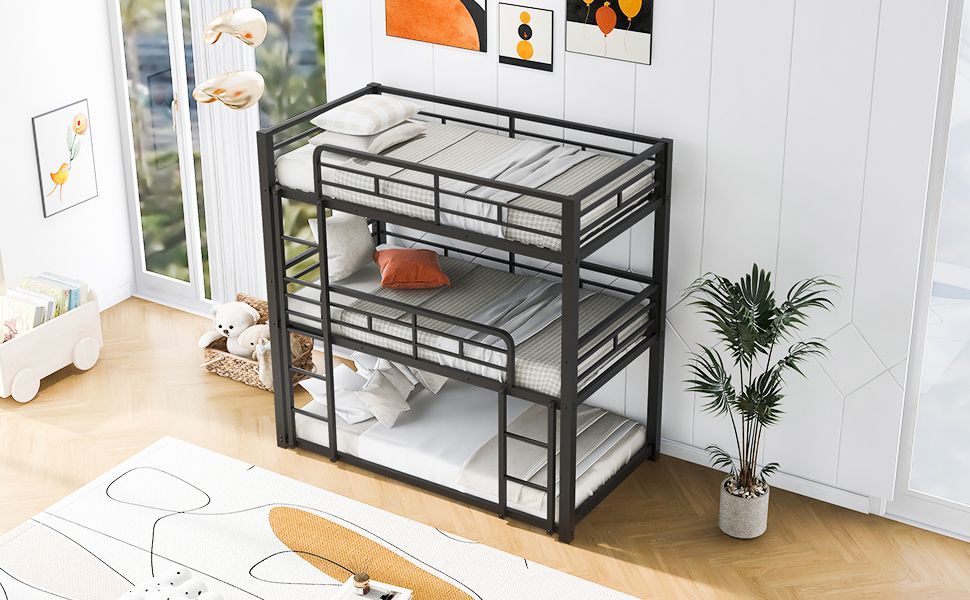 Triple Twin Over Twin Metal Bunk Bed with Storage Shelves, Silver | Just Better Bunk Beds