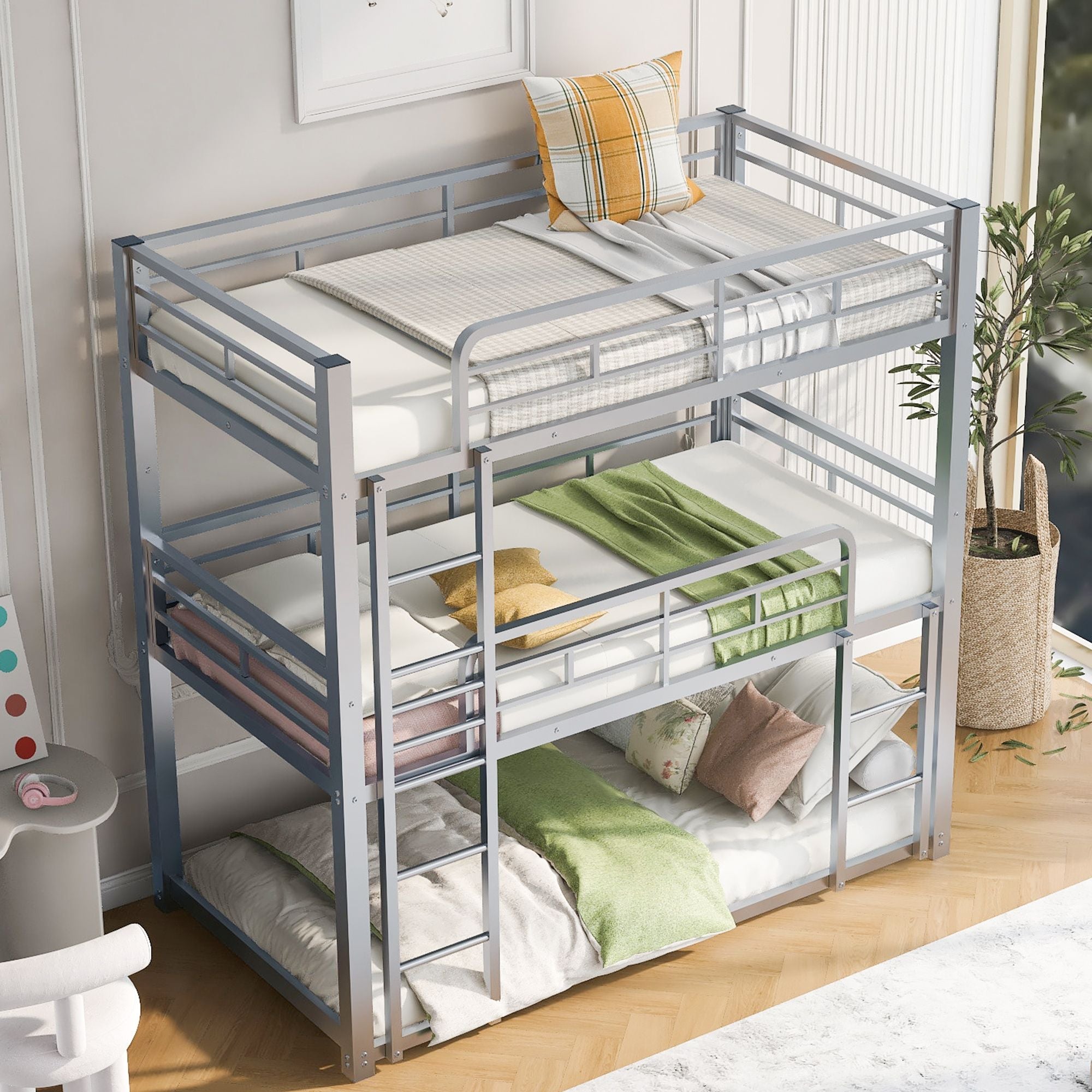 Triple Twin Over Twin Metal Bunk Bed with Storage Shelves, Silver | Just Better Bunk Beds