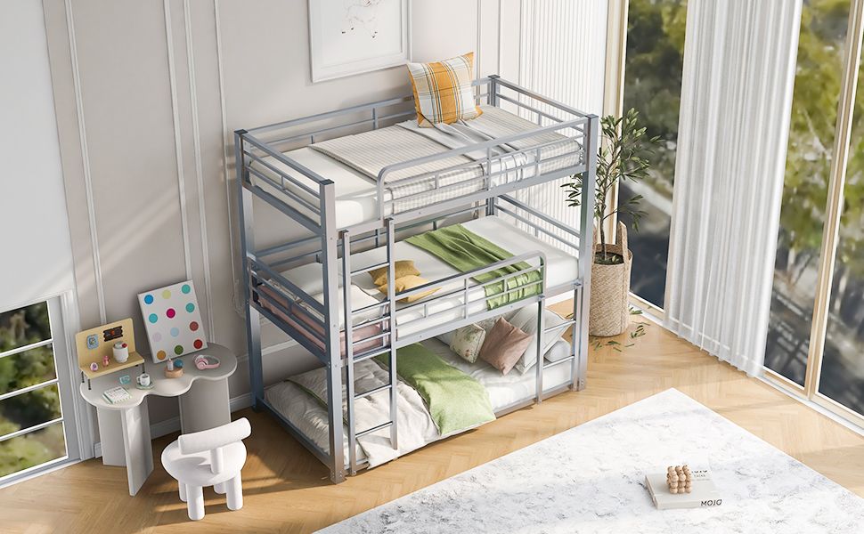Triple Twin Over Twin Metal Bunk Bed with Storage Shelves, Silver | Just Better Bunk Beds