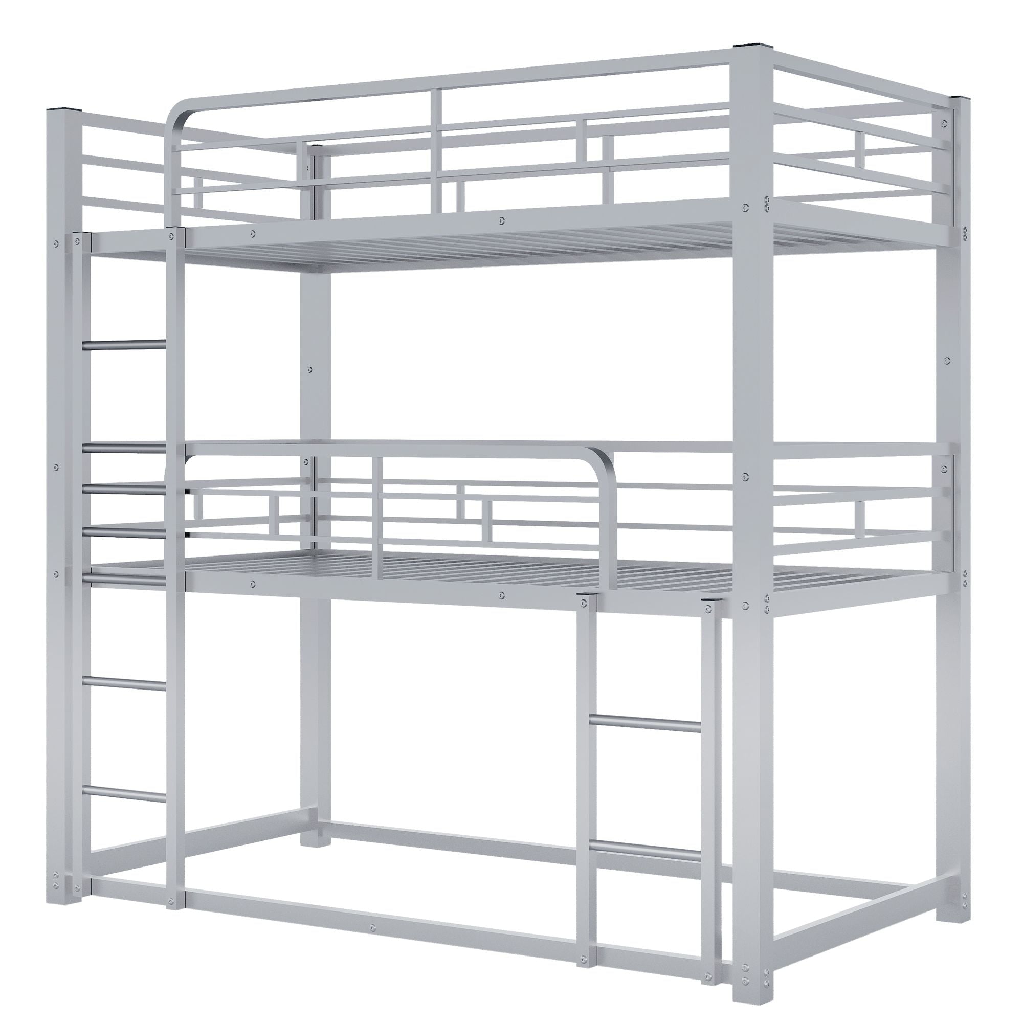 Triple Twin Over Twin Metal Bunk Bed with Storage Shelves, Silver | Just Better Bunk Beds