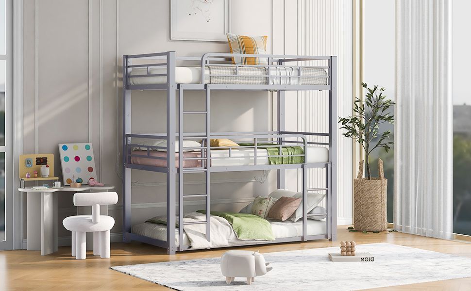 Triple Twin Over Twin Metal Bunk Bed with Storage Shelves, Silver | Just Better Bunk Beds