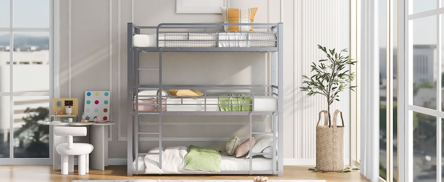 Triple Twin Over Twin Metal Bunk Bed with Storage Shelves, Silver | Just Better Bunk Beds