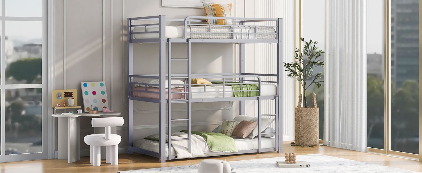 Triple Twin Over Twin Metal Bunk Bed with Storage Shelves, Silver | Just Better Bunk Beds