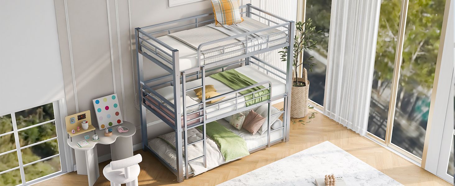 Triple Twin Over Twin Metal Bunk Bed with Storage Shelves, Silver | Just Better Bunk Beds