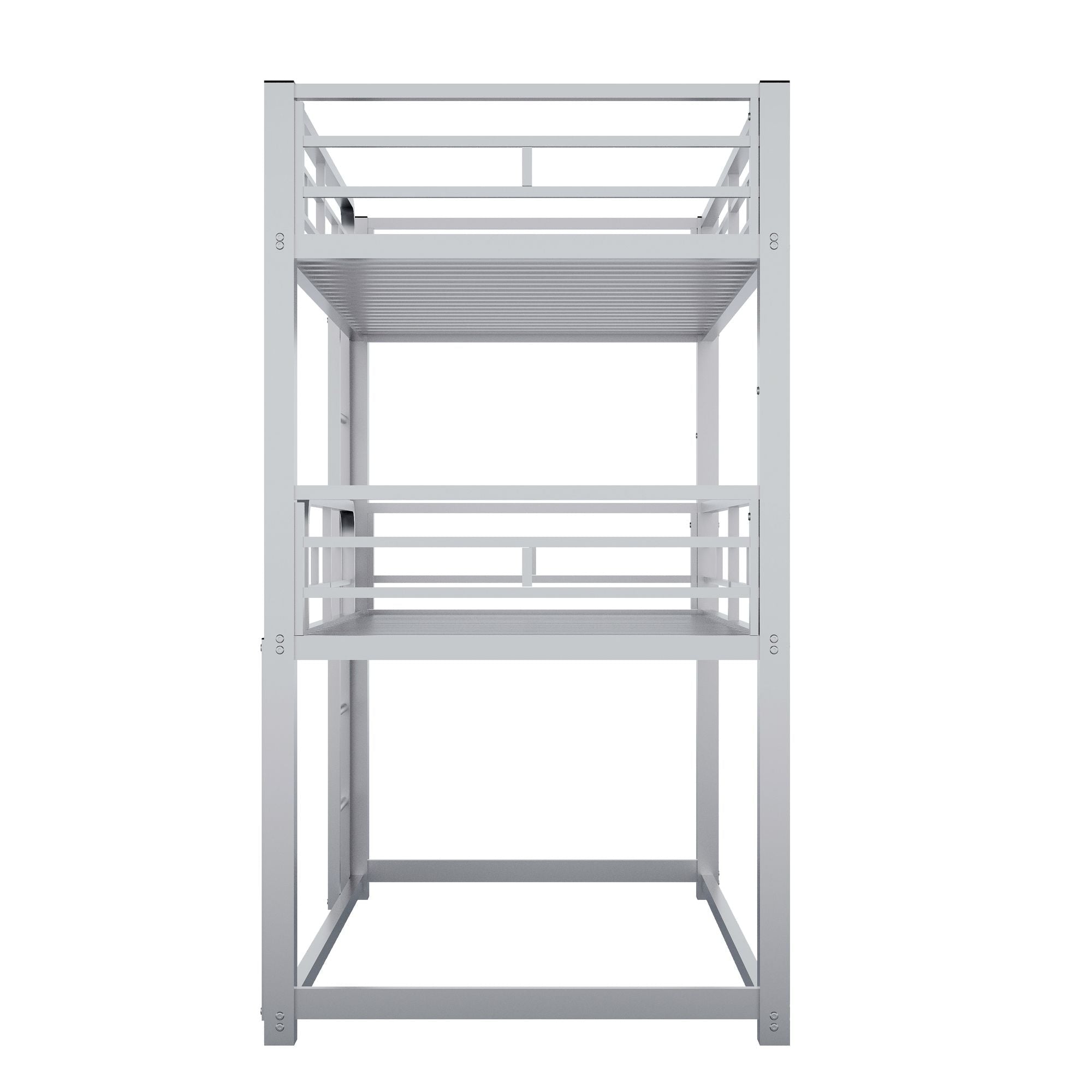 Triple Twin Over Twin Metal Bunk Bed with Storage Shelves, Silver | Just Better Bunk Beds