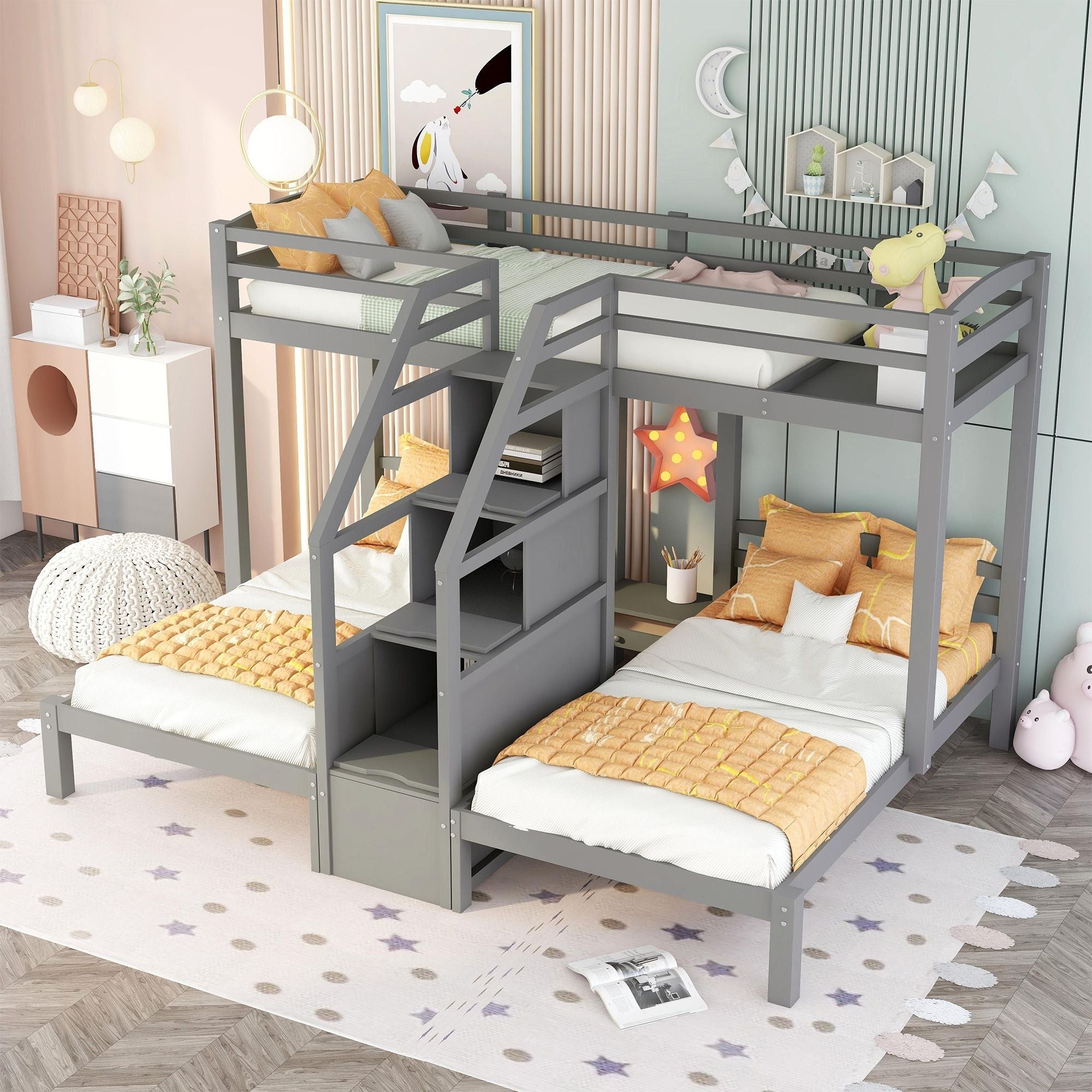 Triple Twin Over Twin Wood Bunk Bed with Built-In Staircase and Storage Drawers Gray | Just Better Bunk Beds