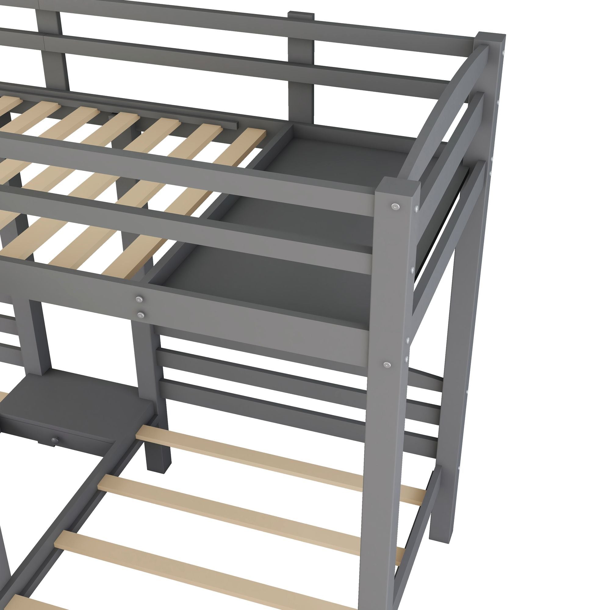 Triple Twin Over Twin Wood Bunk Bed with Built-In Staircase and Storage Drawers Gray | Just Better Bunk Beds