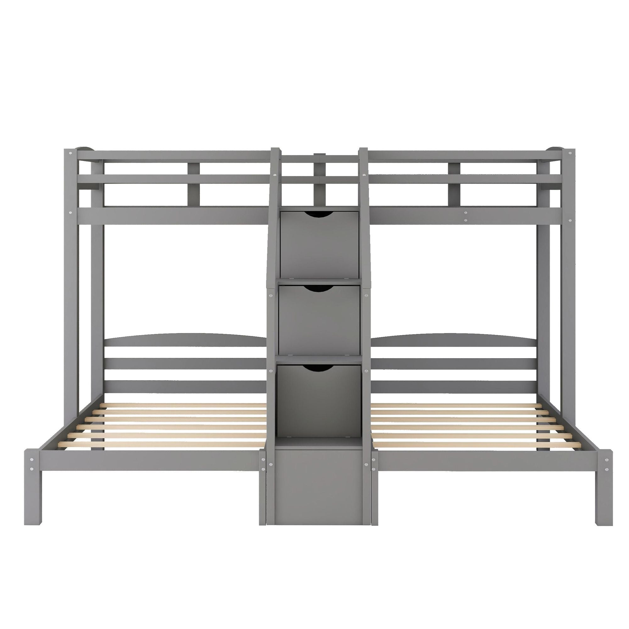 Triple Twin Over Twin Wood Bunk Bed with Built-In Staircase and Storage Drawers Gray | Just Better Bunk Beds