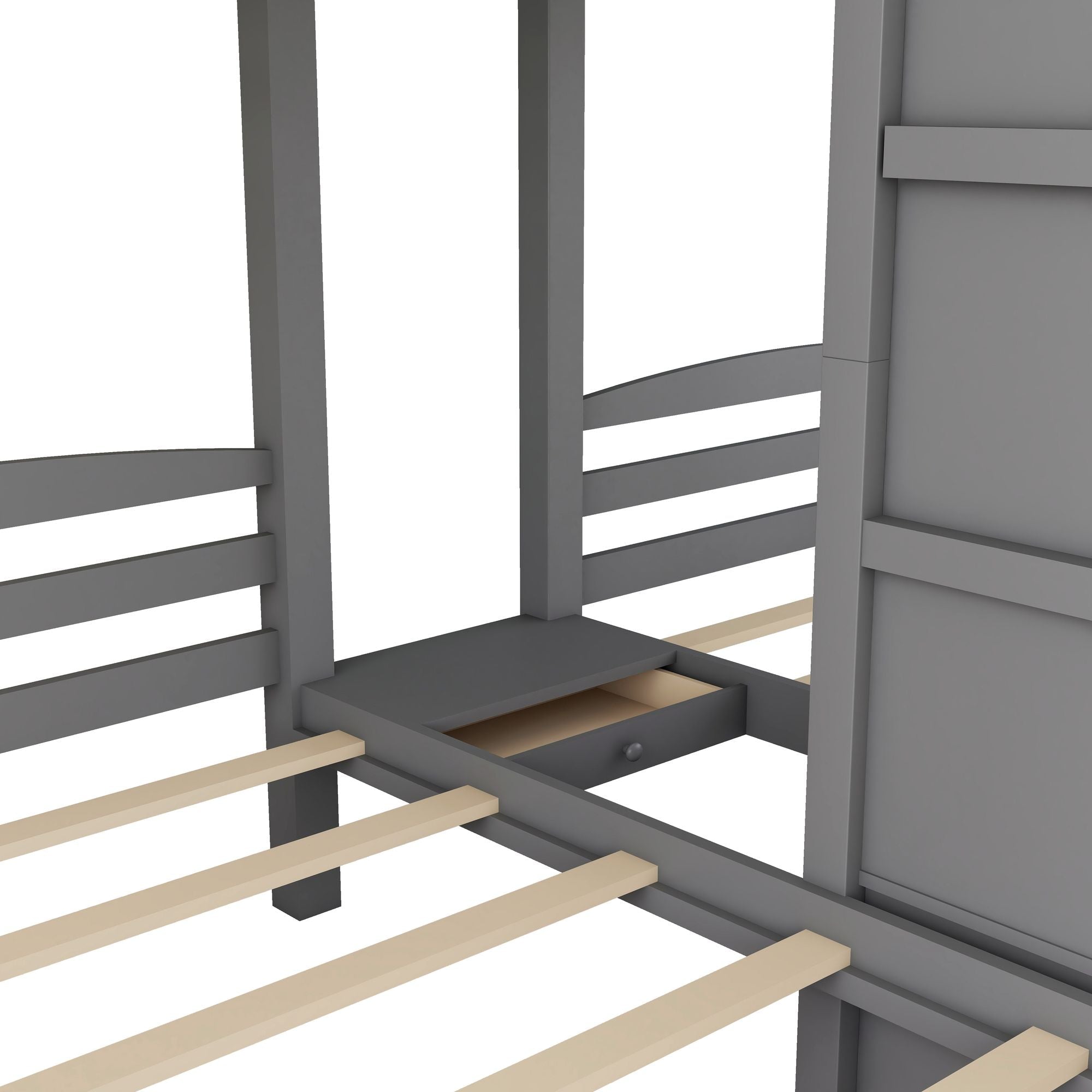 Triple Twin Over Twin Wood Bunk Bed with Built-In Staircase and Storage Drawers Gray | Just Better Bunk Beds