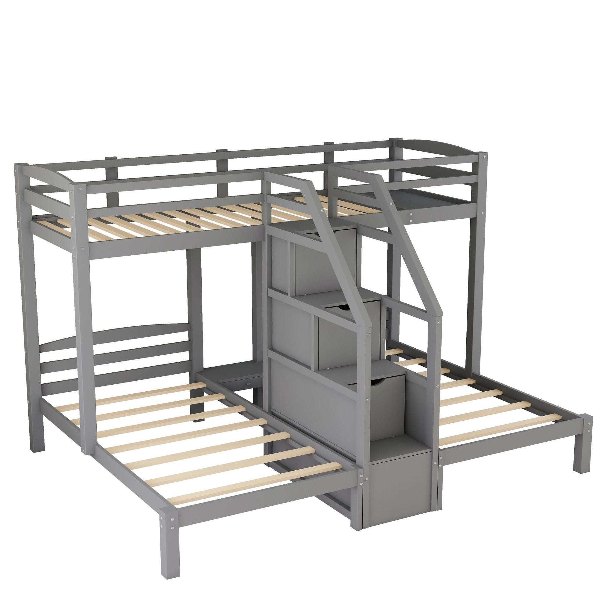Triple Twin Over Twin Wood Bunk Bed with Built-In Staircase and Storage Drawers Gray | Just Better Bunk Beds