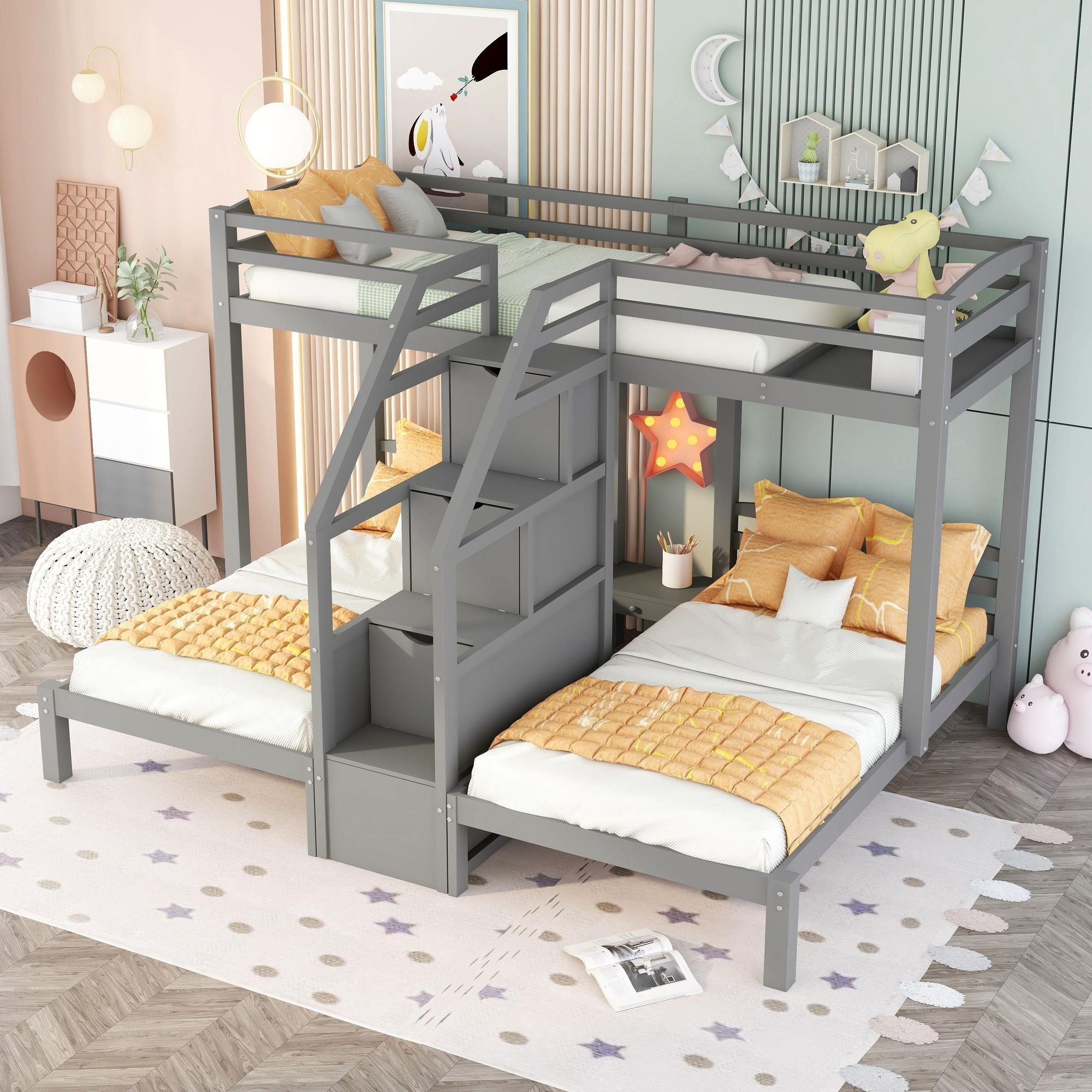 Triple Twin Over Twin Wood Bunk Bed with Built-In Staircase and Storage Drawers Gray | Just Better Bunk Beds