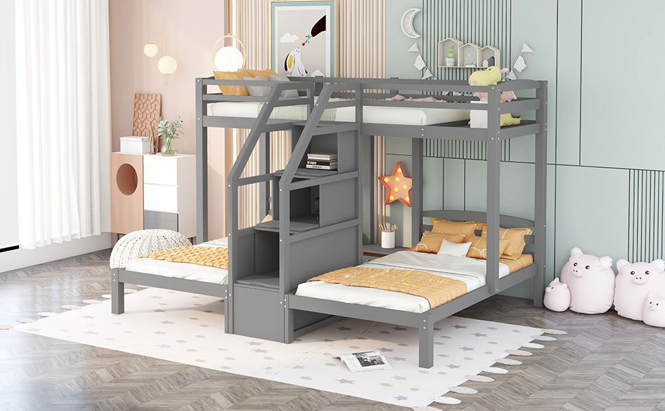 Triple Twin Over Twin Wood Bunk Bed with Built-In Staircase and Storage Drawers Gray | Just Better Bunk Beds