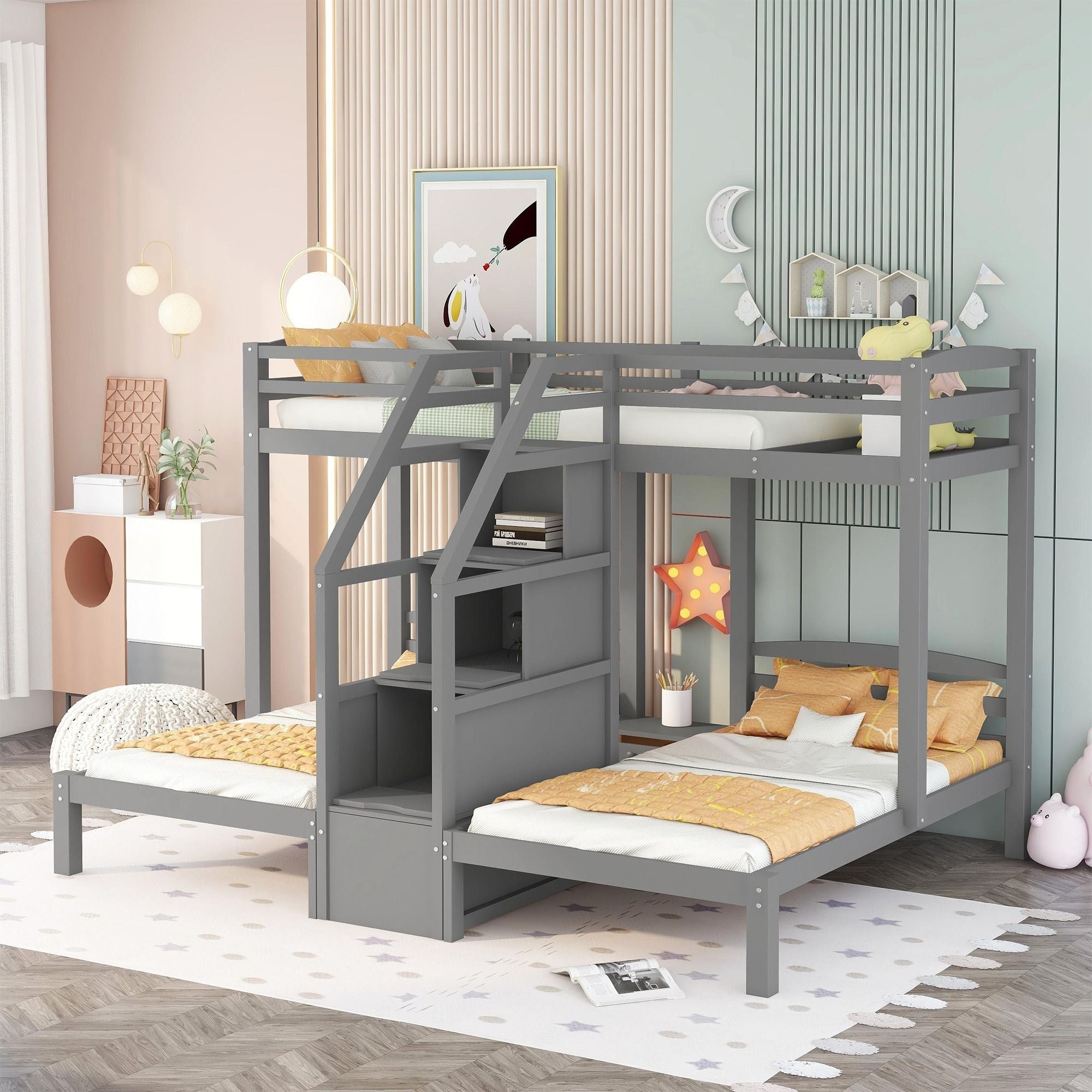 Triple Twin Over Twin Wood Bunk Bed with Built-In Staircase and Storage Drawers Gray | Just Better Bunk Beds
