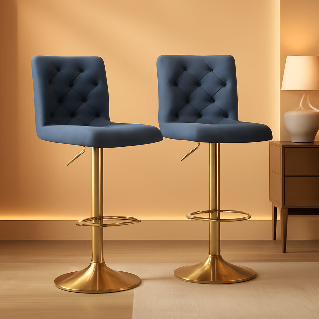 Tufted Fabric Bar Stool Set Of 2 Blue Upholstered Swivel Counter Height Chairs