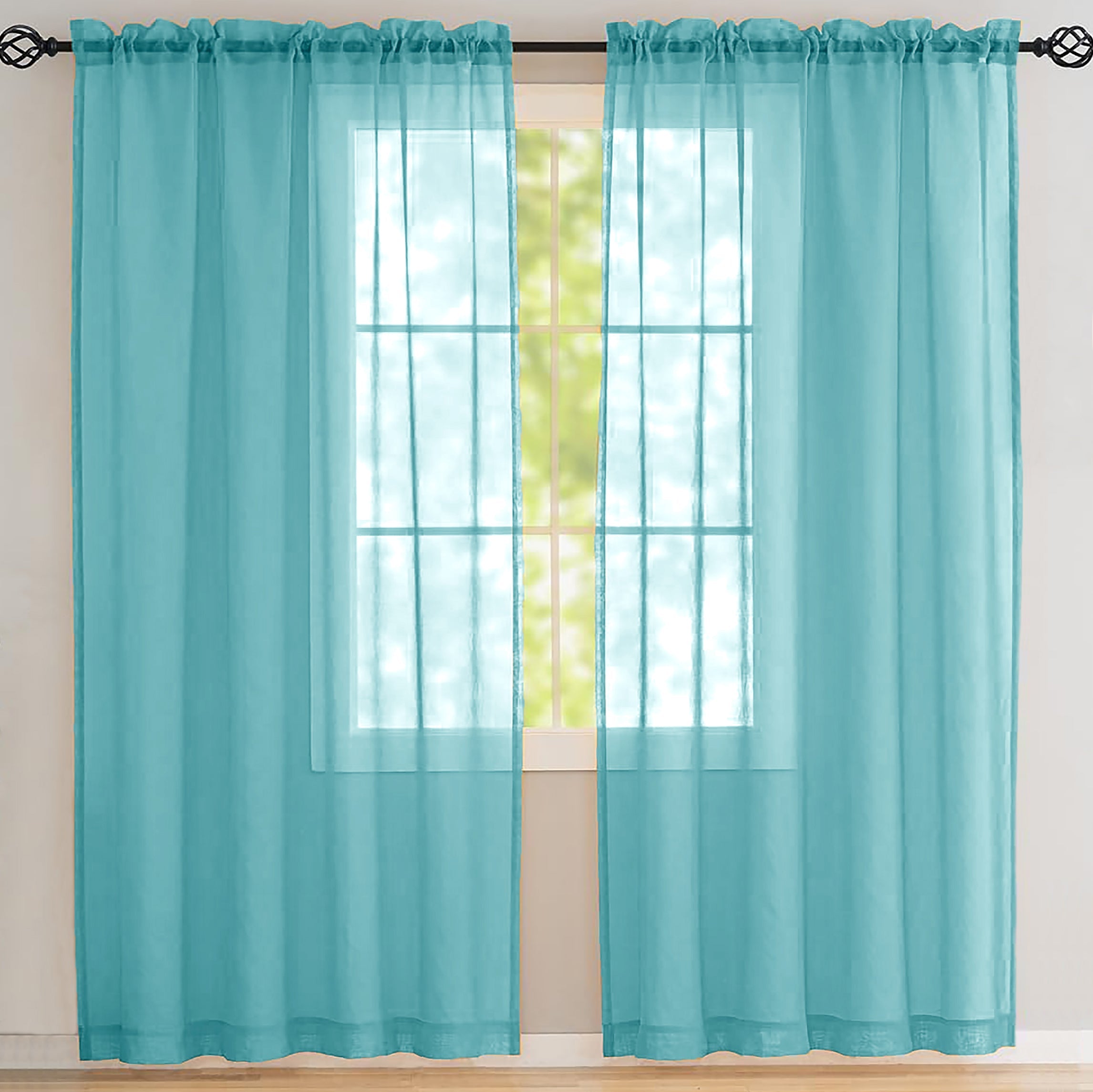 84" Inches Long - Turquoise Sheer Window Rod Pocket Curtain Set (2 Panels)