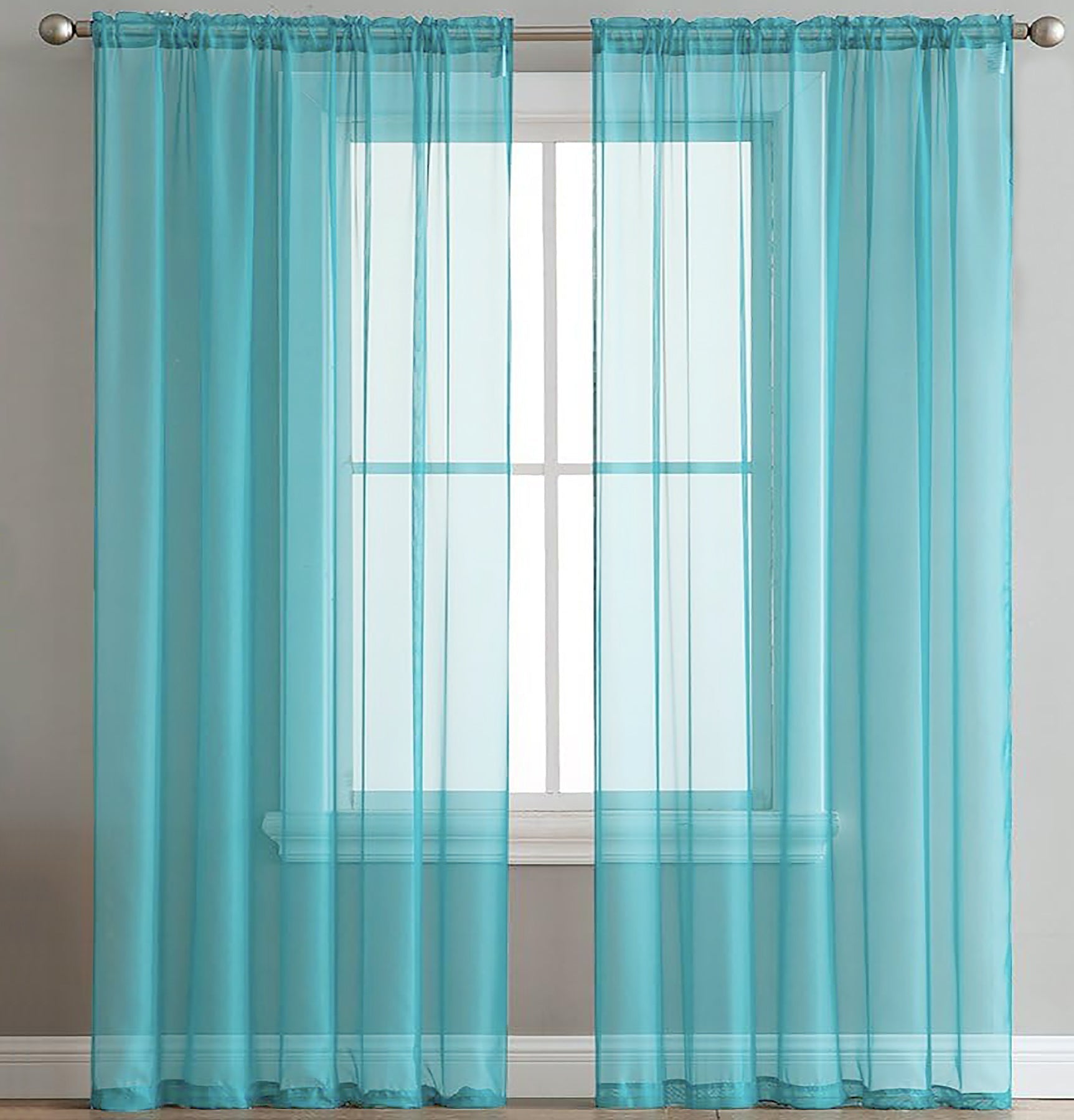 84" Inches Long - Turquoise Sheer Window Rod Pocket Curtain Set (2 Panels)