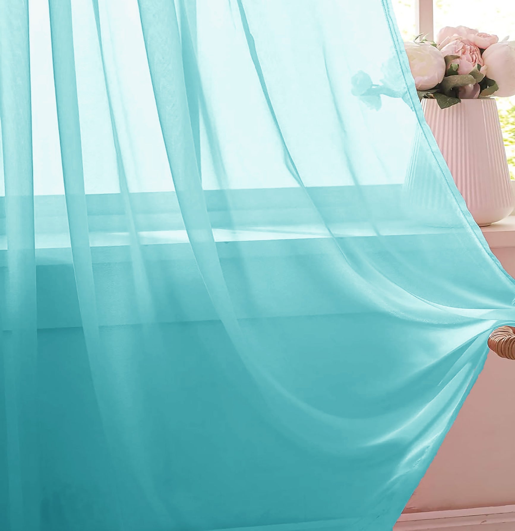 84" Inches Long - Turquoise Sheer Window Rod Pocket Curtain Set (2 Panels)