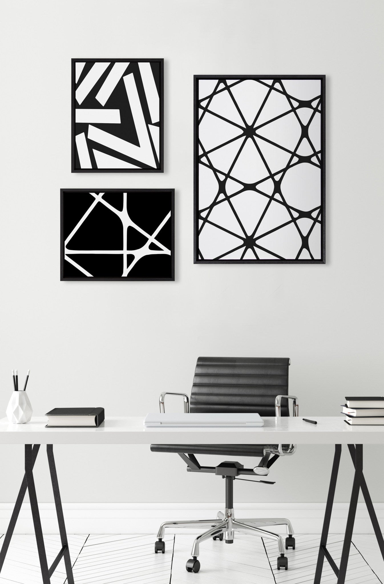 Sylvie Elevated Modern Black and White Minimalist Pattern No 1, 2 and 3 Framed Canvas by The Creative Bunch Studio