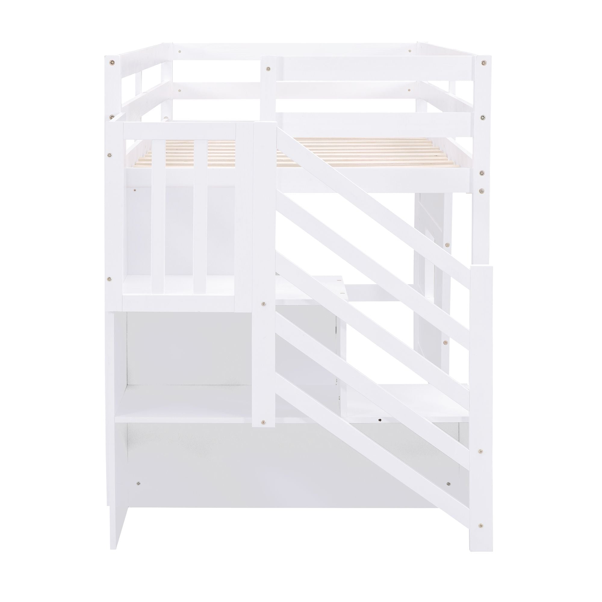 Twin Loft Bed with Storage Staircase and Window in Wood, White or Gray | Just Better Bunk Beds