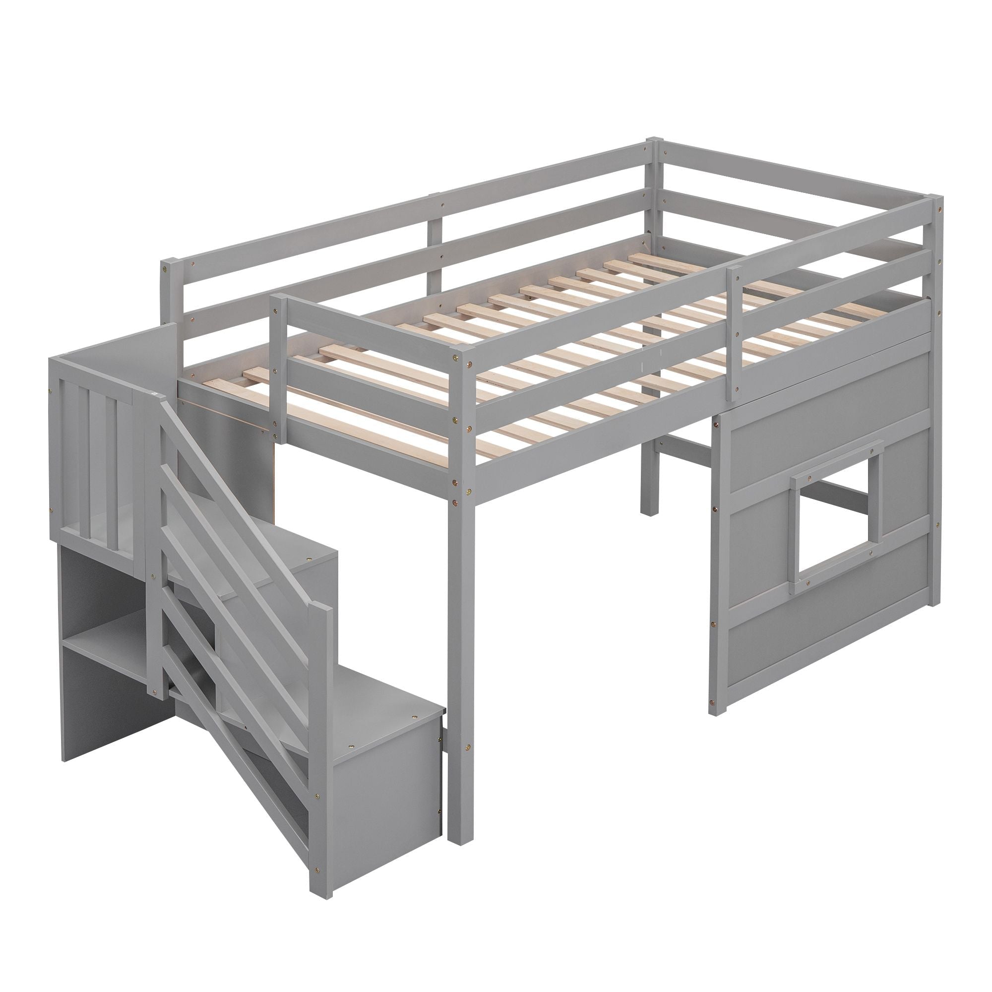 Twin Loft Bed with Storage Staircase and Window in Wood, White or Gray | Just Better Bunk Beds