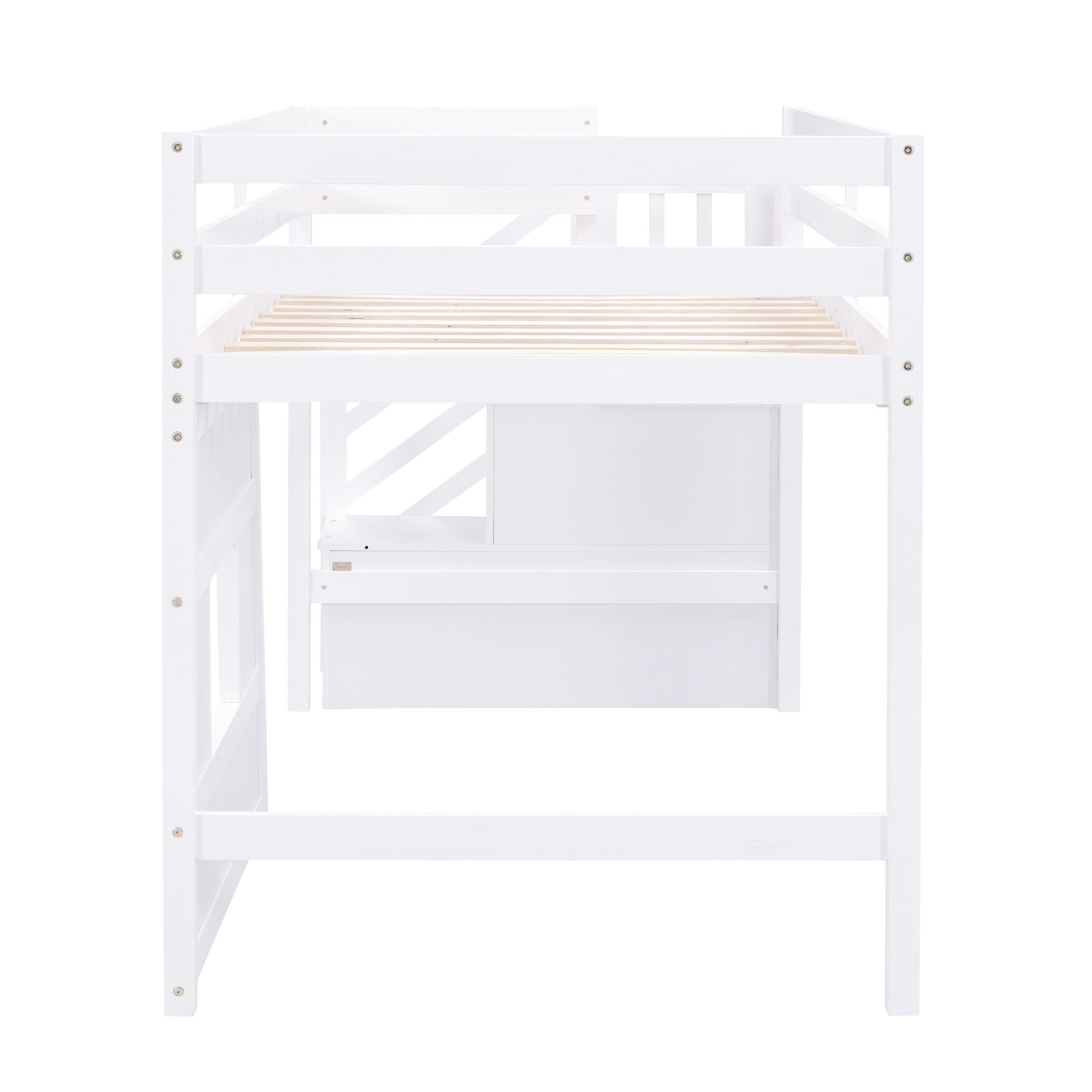 Twin Loft Bed with Storage Staircase and Window in Wood, White or Gray | Just Better Bunk Beds