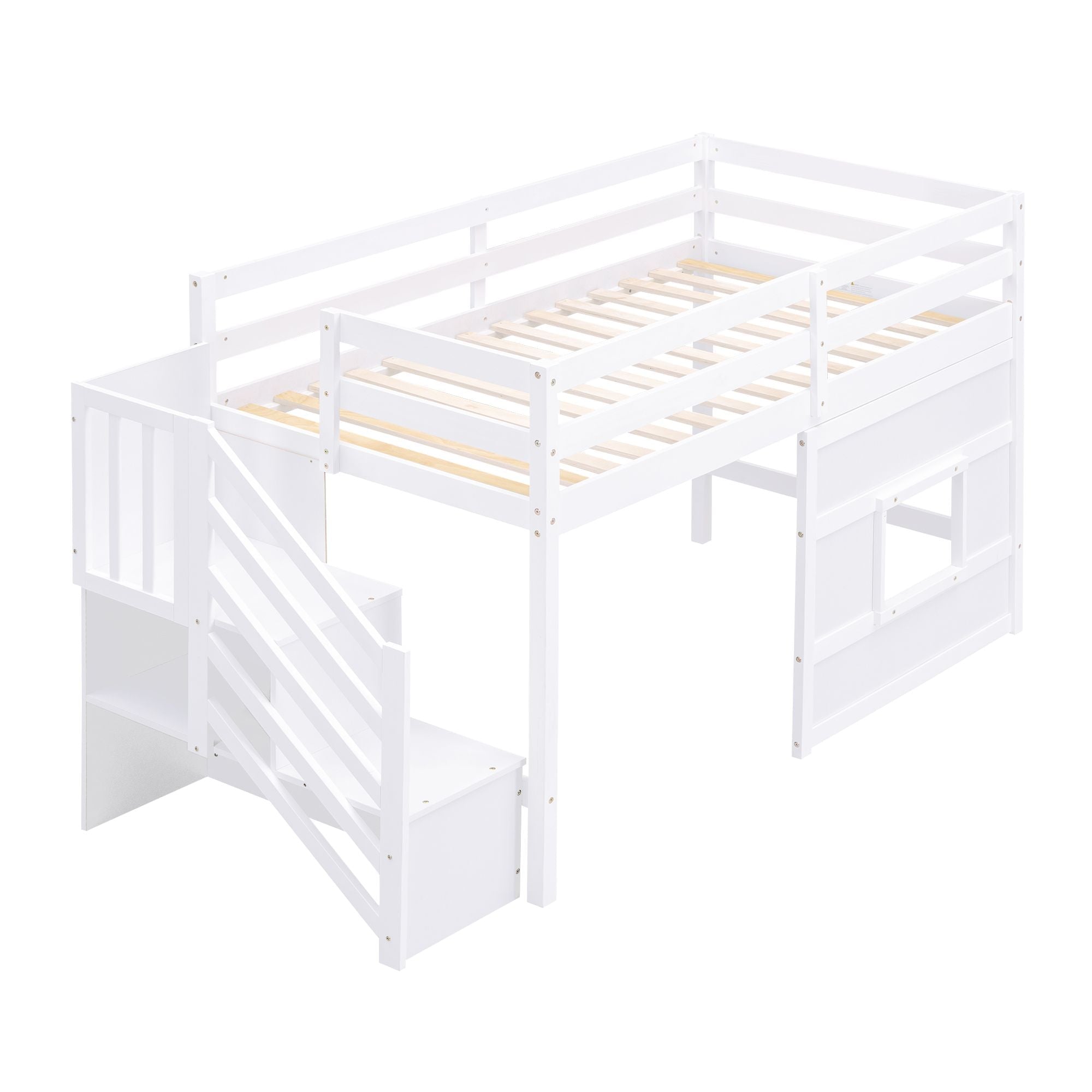 Twin Loft Bed with Storage Staircase and Window in Wood, White or Gray | Just Better Bunk Beds
