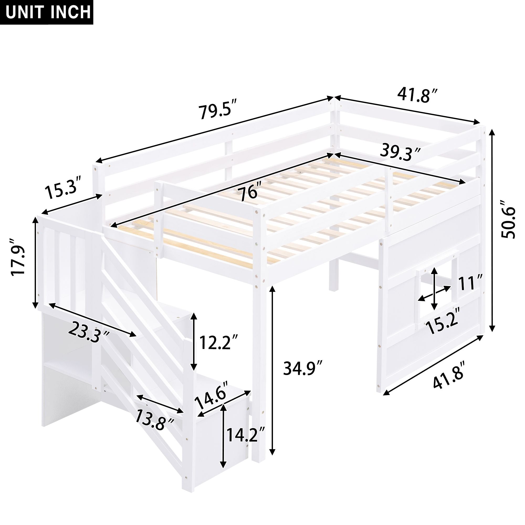 Twin Loft Bed with Storage Staircase and Window in Wood, White or Gray | Just Better Bunk Beds