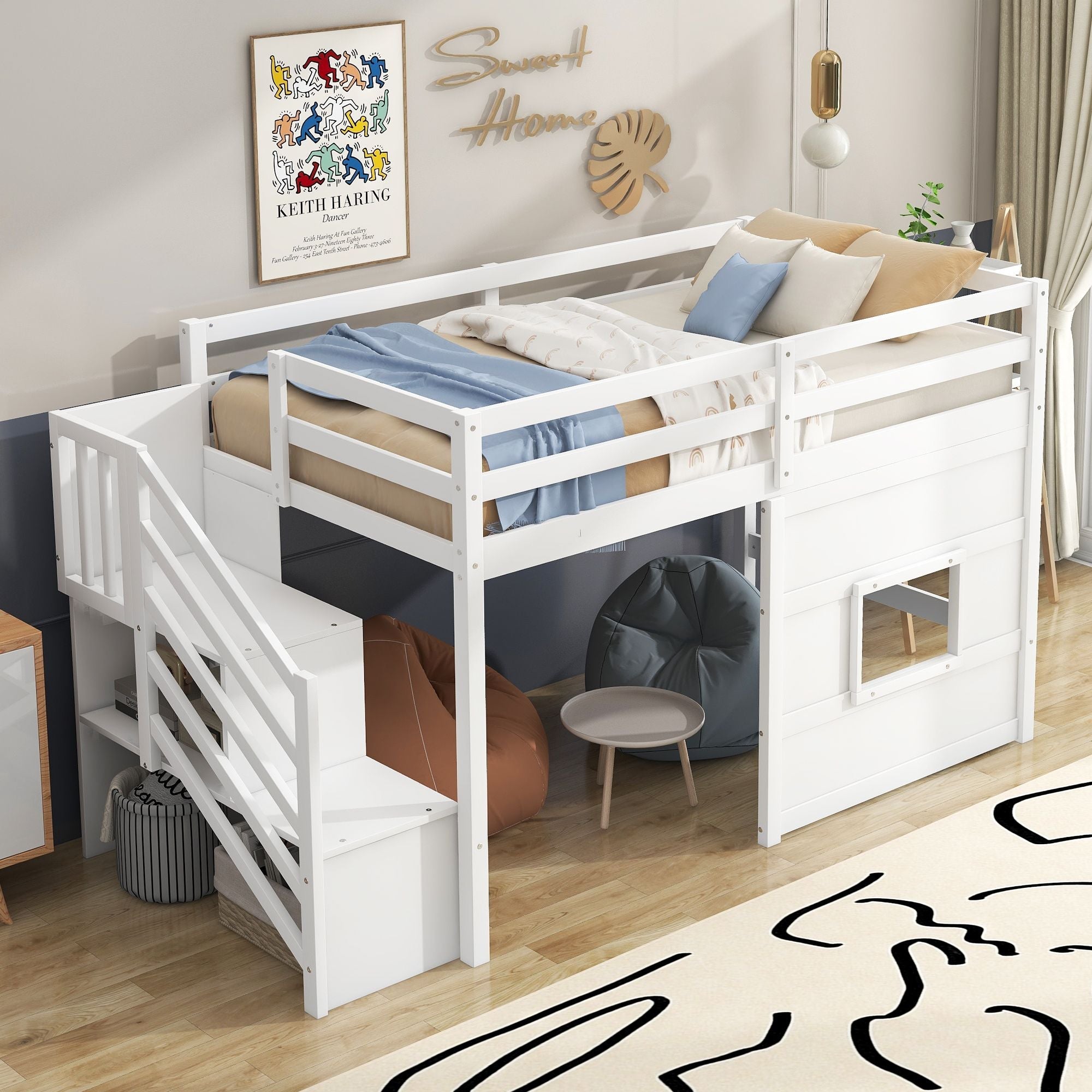 Twin Loft Bed with Storage Staircase and Window in Wood, White or Gray | Just Better Bunk Beds