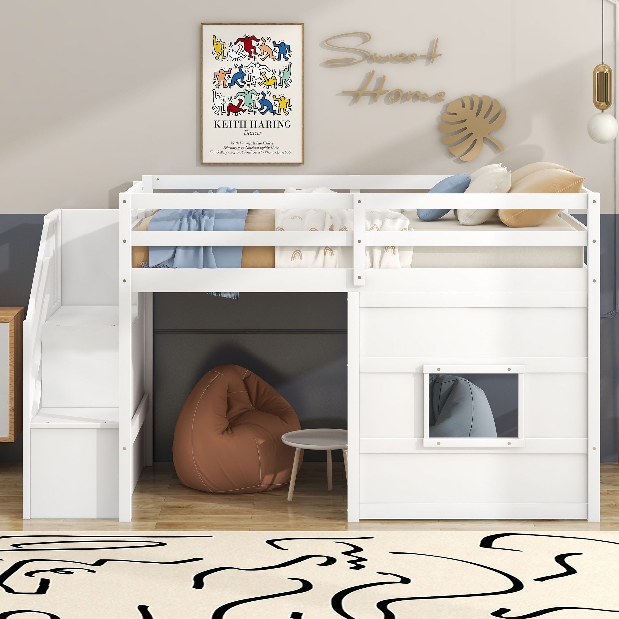 Twin Loft Bed with Storage Staircase and Window in Wood, White or Gray | Just Better Bunk Beds