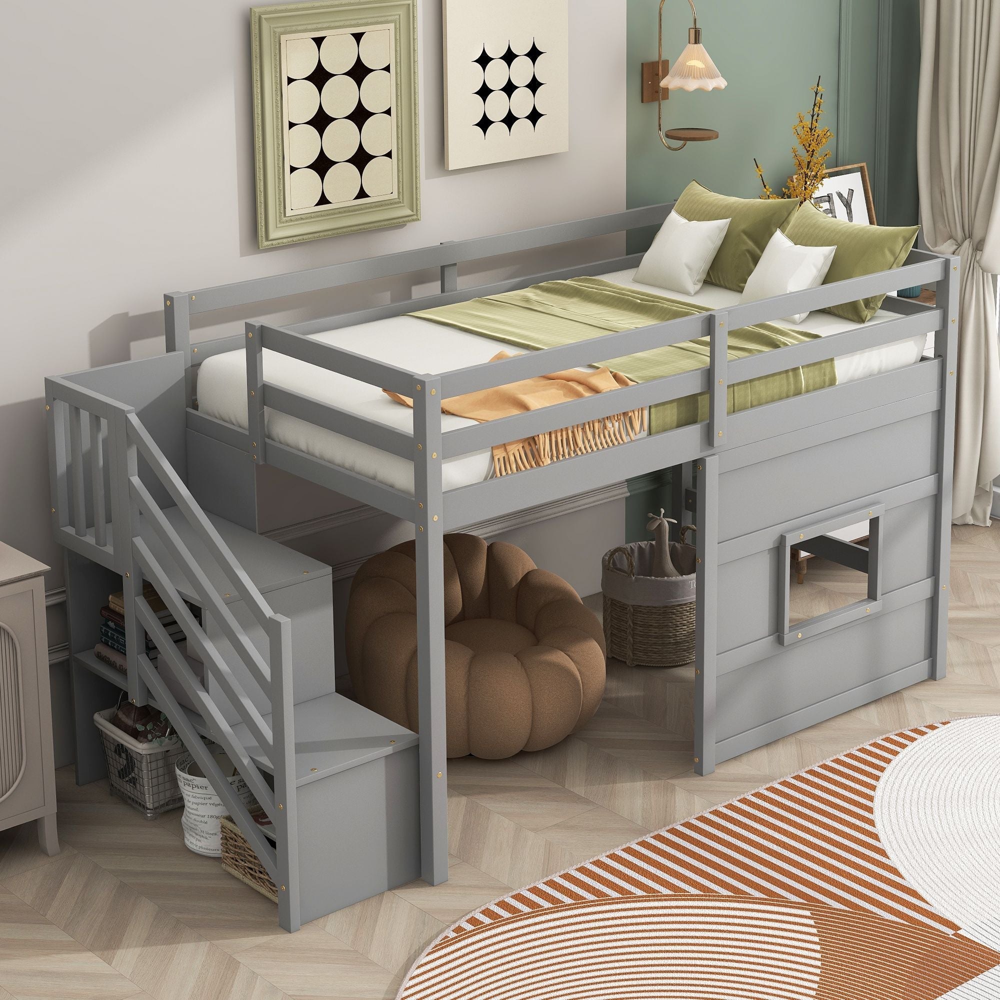 Twin Loft Bed with Storage Staircase and Window in Wood, White or Gray | Just Better Bunk Beds