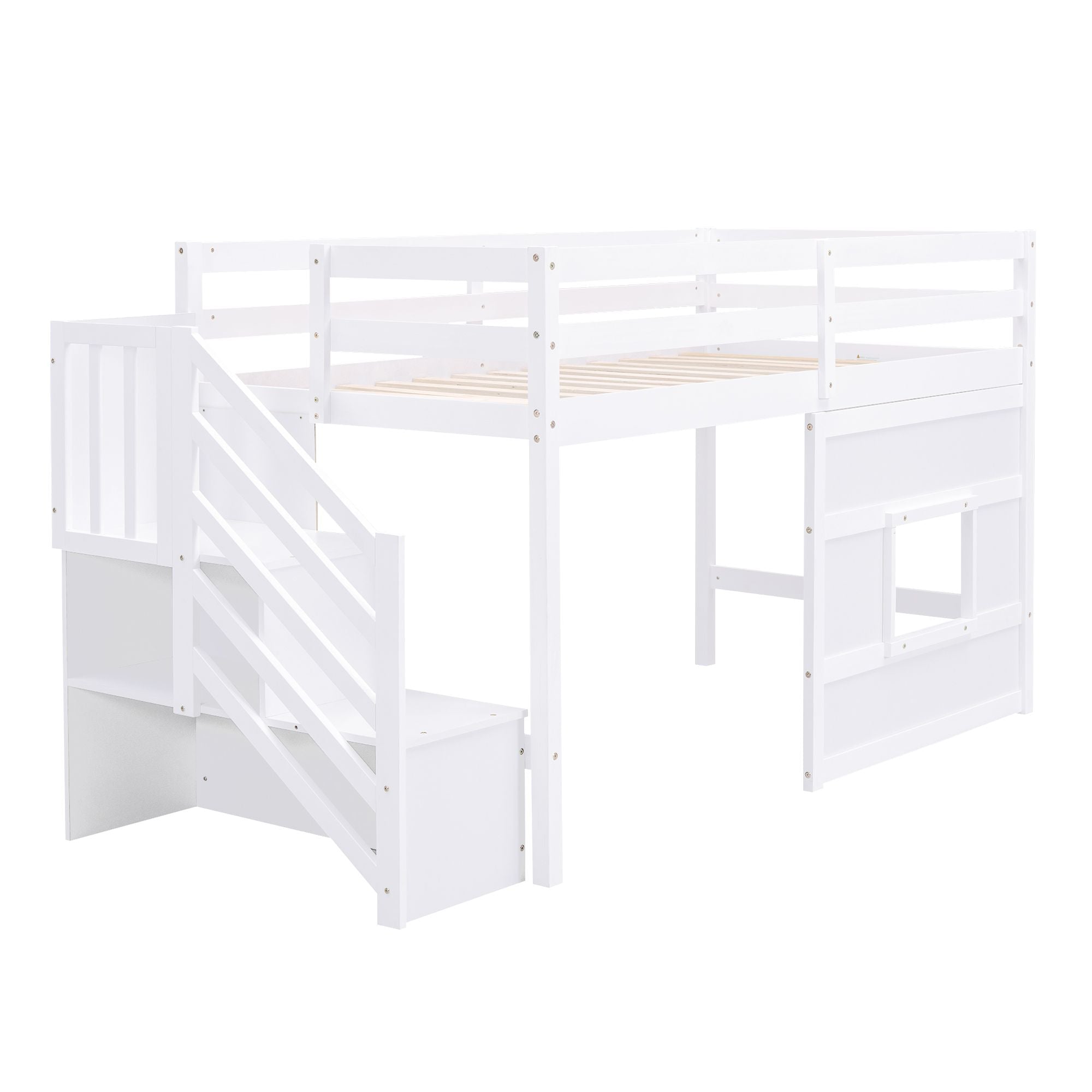 Twin Loft Bed with Storage Staircase and Window in Wood, White or Gray | Just Better Bunk Beds