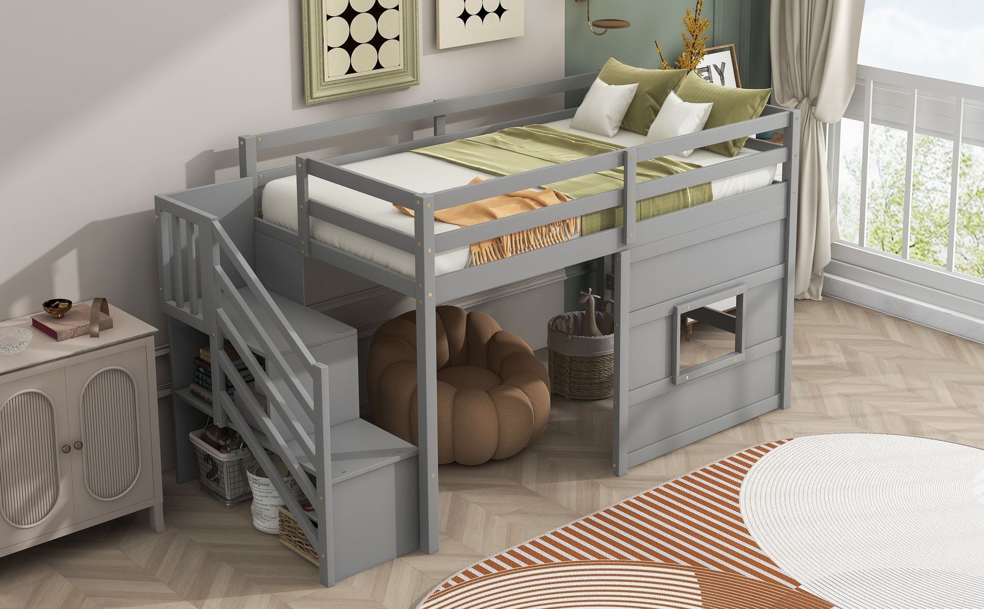 Twin Loft Bed with Storage Staircase and Window in Wood, White or Gray | Just Better Bunk Beds