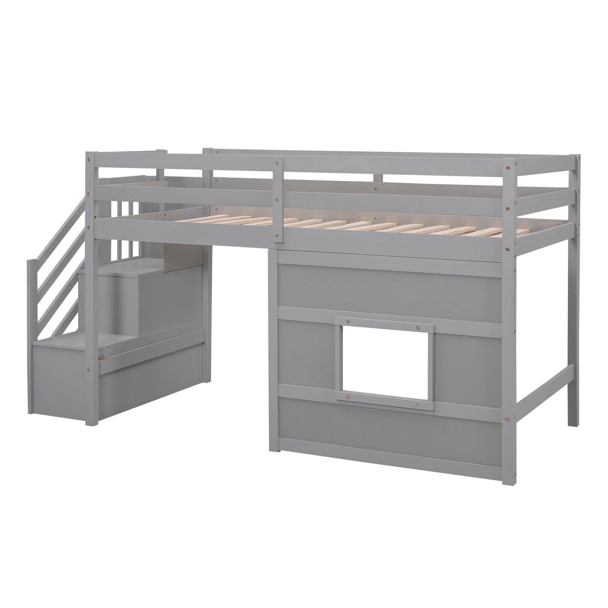 Twin Loft Bed with Storage Staircase and Window in Wood, White or Gray | Just Better Bunk Beds
