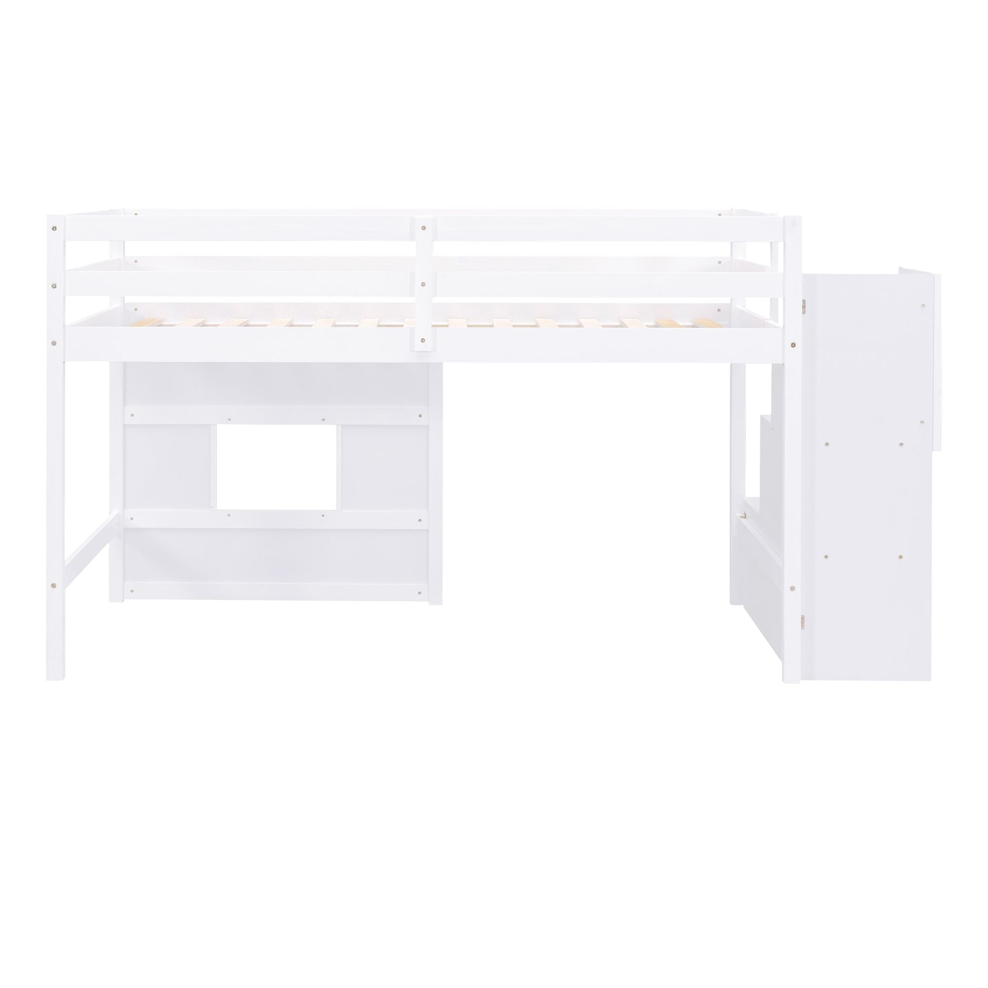 Twin Loft Bed with Storage Staircase and Window in Wood, White or Gray | Just Better Bunk Beds