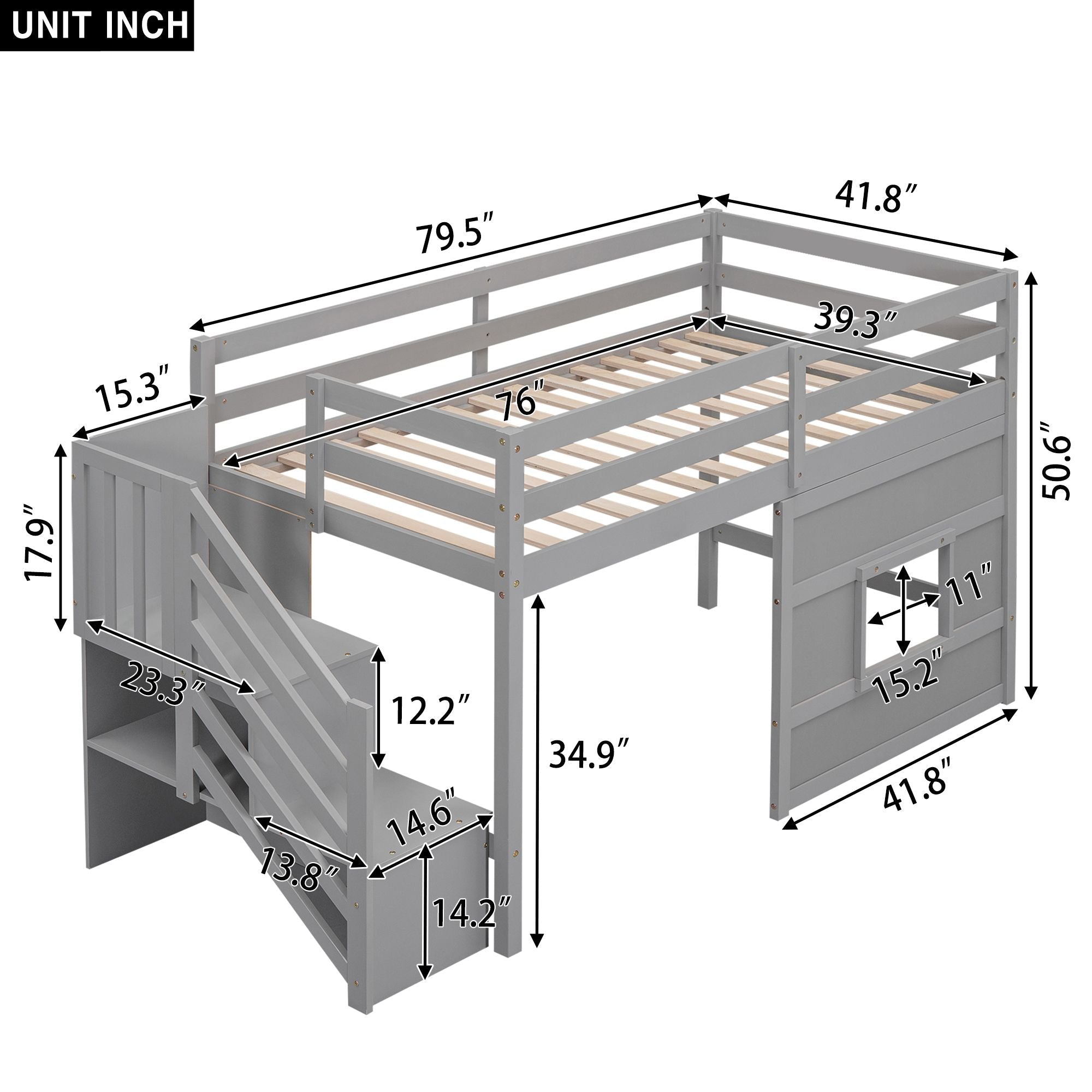 Twin Loft Bed with Storage Staircase and Window in Wood, White or Gray | Just Better Bunk Beds