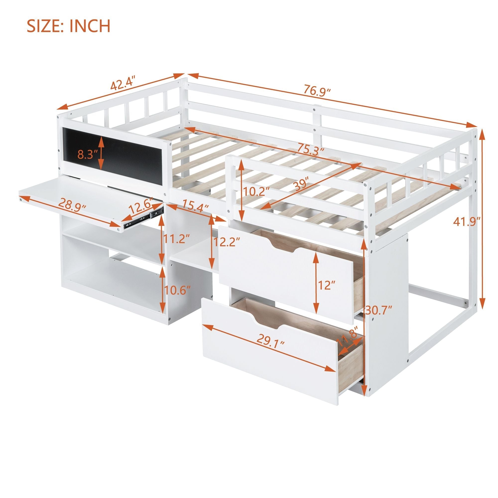 Twin Low Loft Wood Bed with Rolling Desk, Shelves, and Drawers in White, Gray, or Espresso | Just Better Bunk Beds