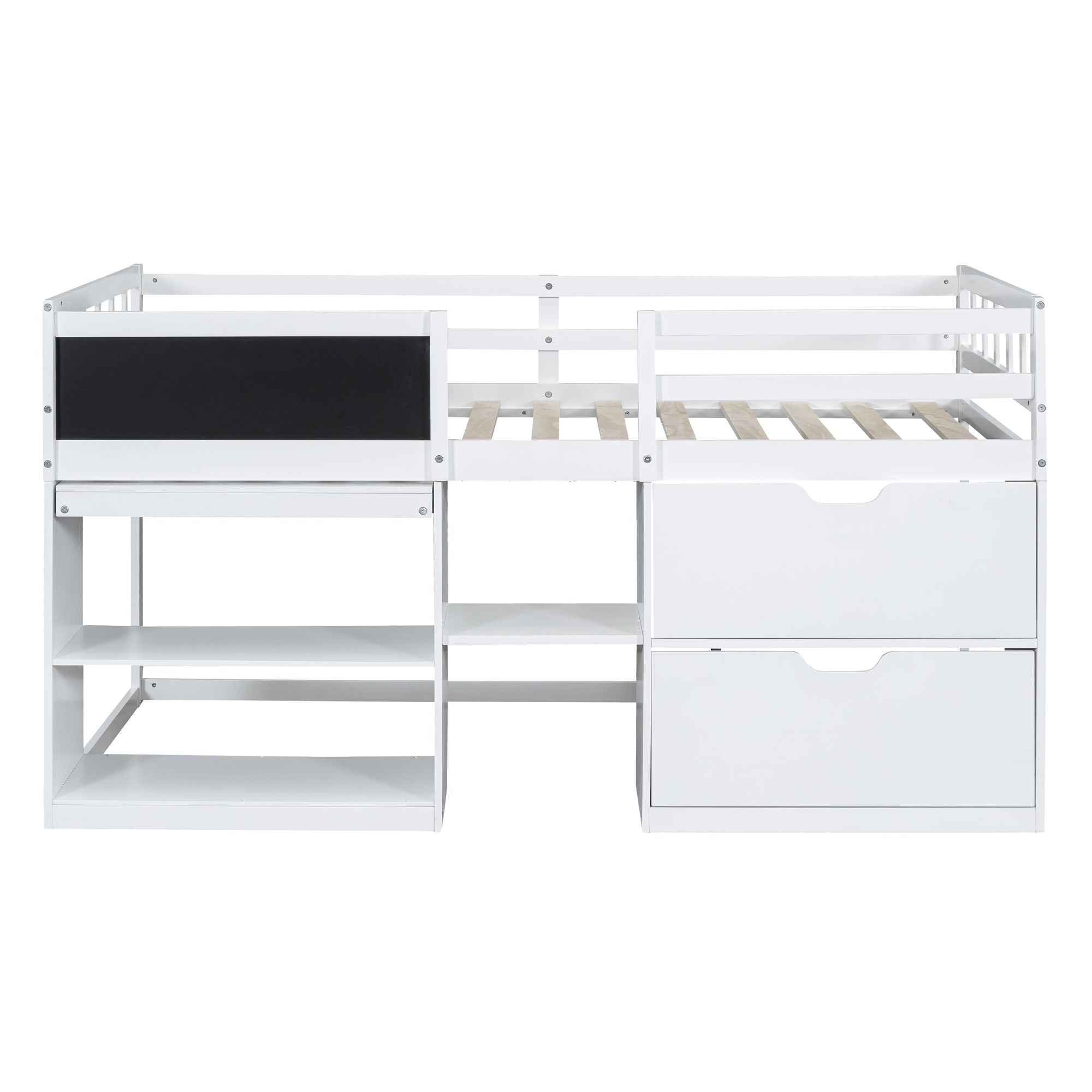 Twin Low Loft Wood Bed with Rolling Desk, Shelves, and Drawers in White, Gray, or Espresso | Just Better Bunk Beds