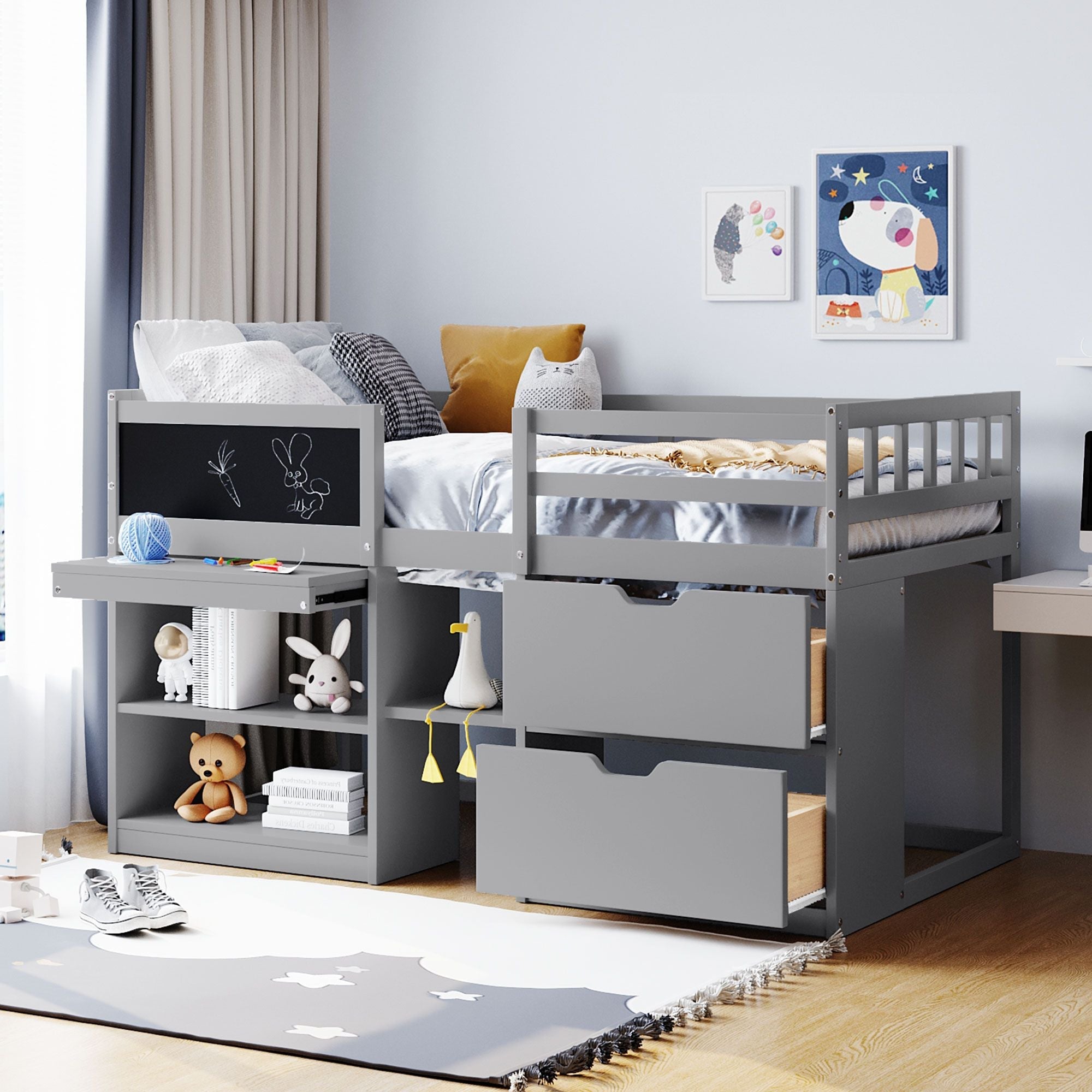 Twin Low Loft Wood Bed with Rolling Desk, Shelves, and Drawers in White, Gray, or Espresso | Just Better Bunk Beds