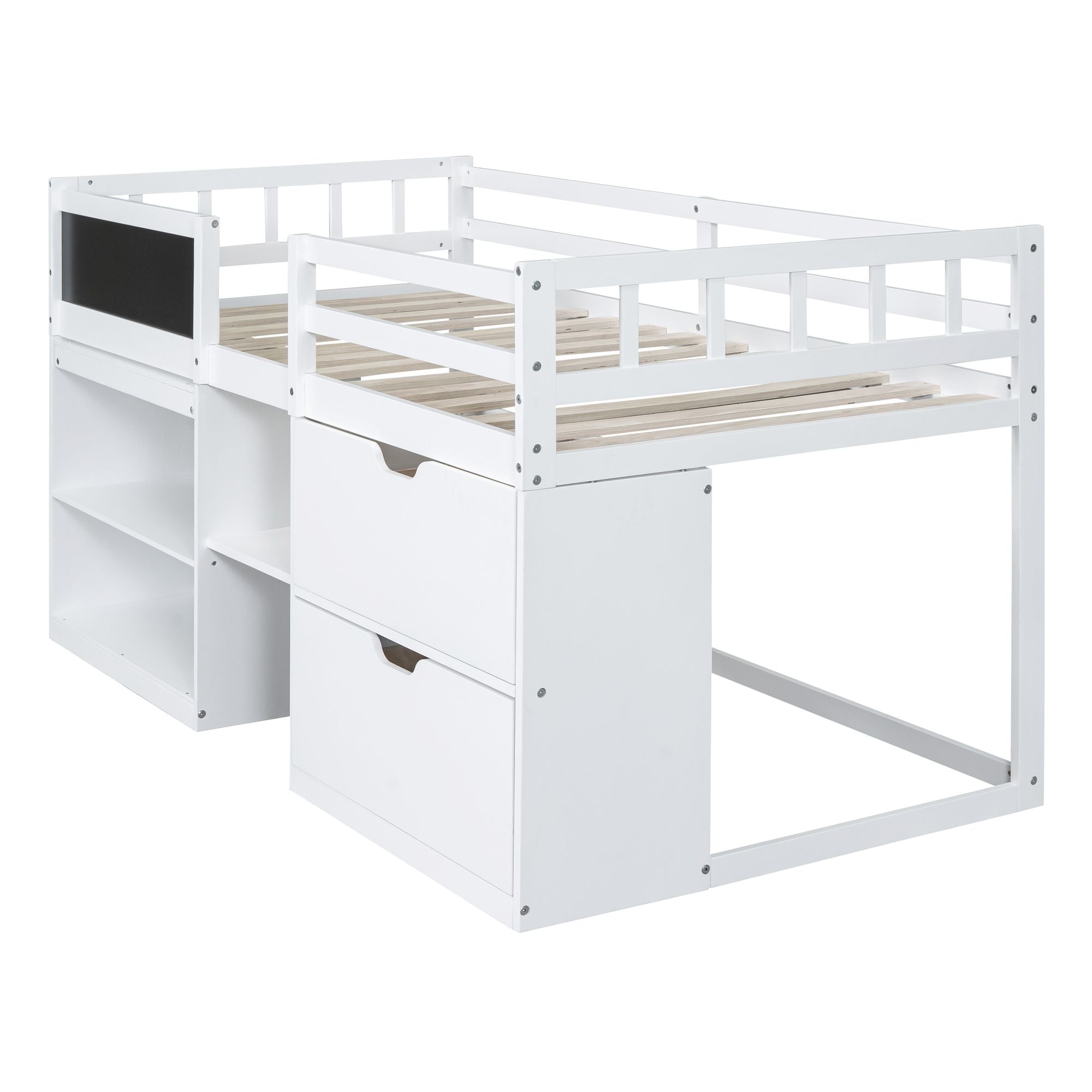 Twin Low Loft Wood Bed with Rolling Desk, Shelves, and Drawers in White, Gray, or Espresso | Just Better Bunk Beds