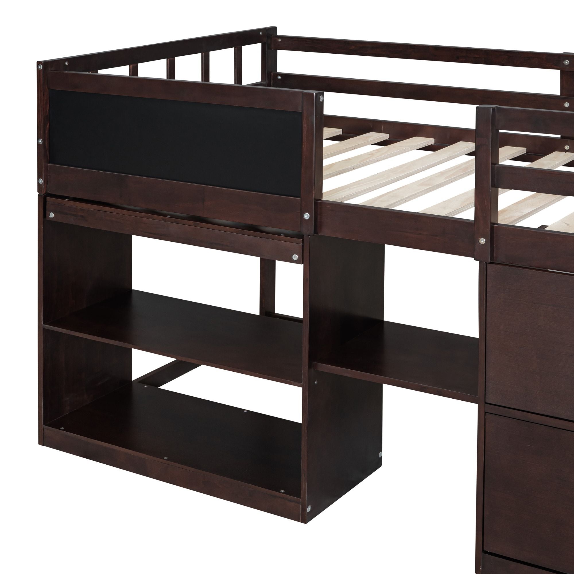 Twin Low Loft Wood Bed with Rolling Desk, Shelves, and Drawers in White, Gray, or Espresso | Just Better Bunk Beds