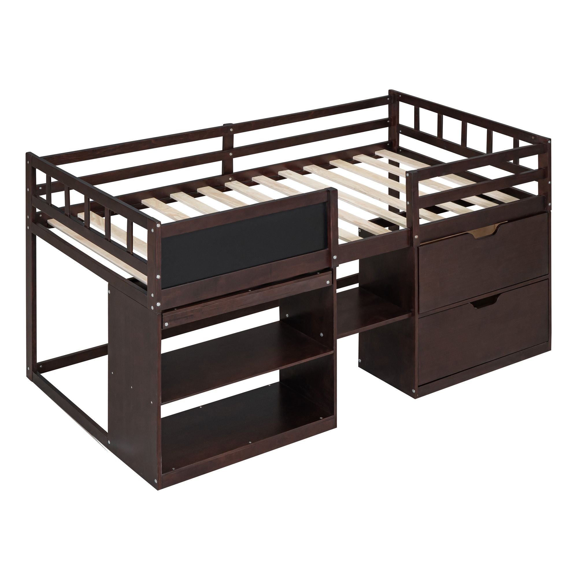 Twin Low Loft Wood Bed with Rolling Desk, Shelves, and Drawers in White, Gray, or Espresso | Just Better Bunk Beds